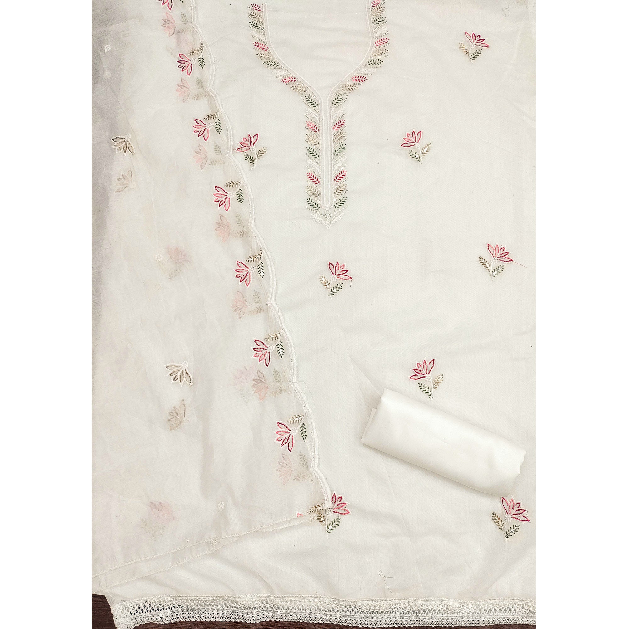 Ethereal White Chanderi Cotton Dress Material With Floral Thread Embroidery & Sequins Work