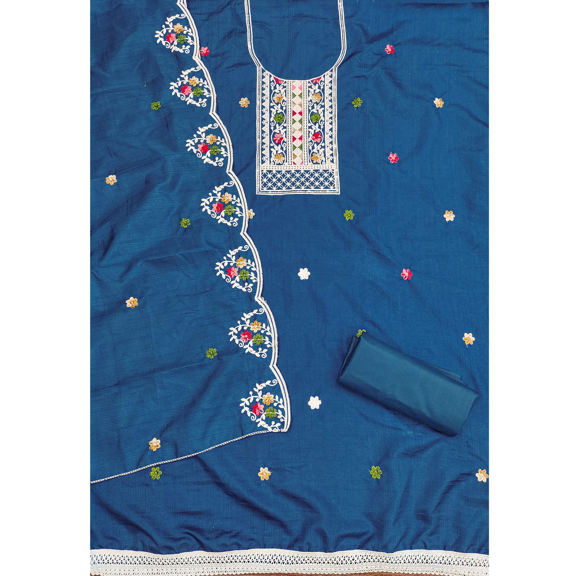 Elegant Blue Floral Sequin Embroidered Cotton Blend Dress Material