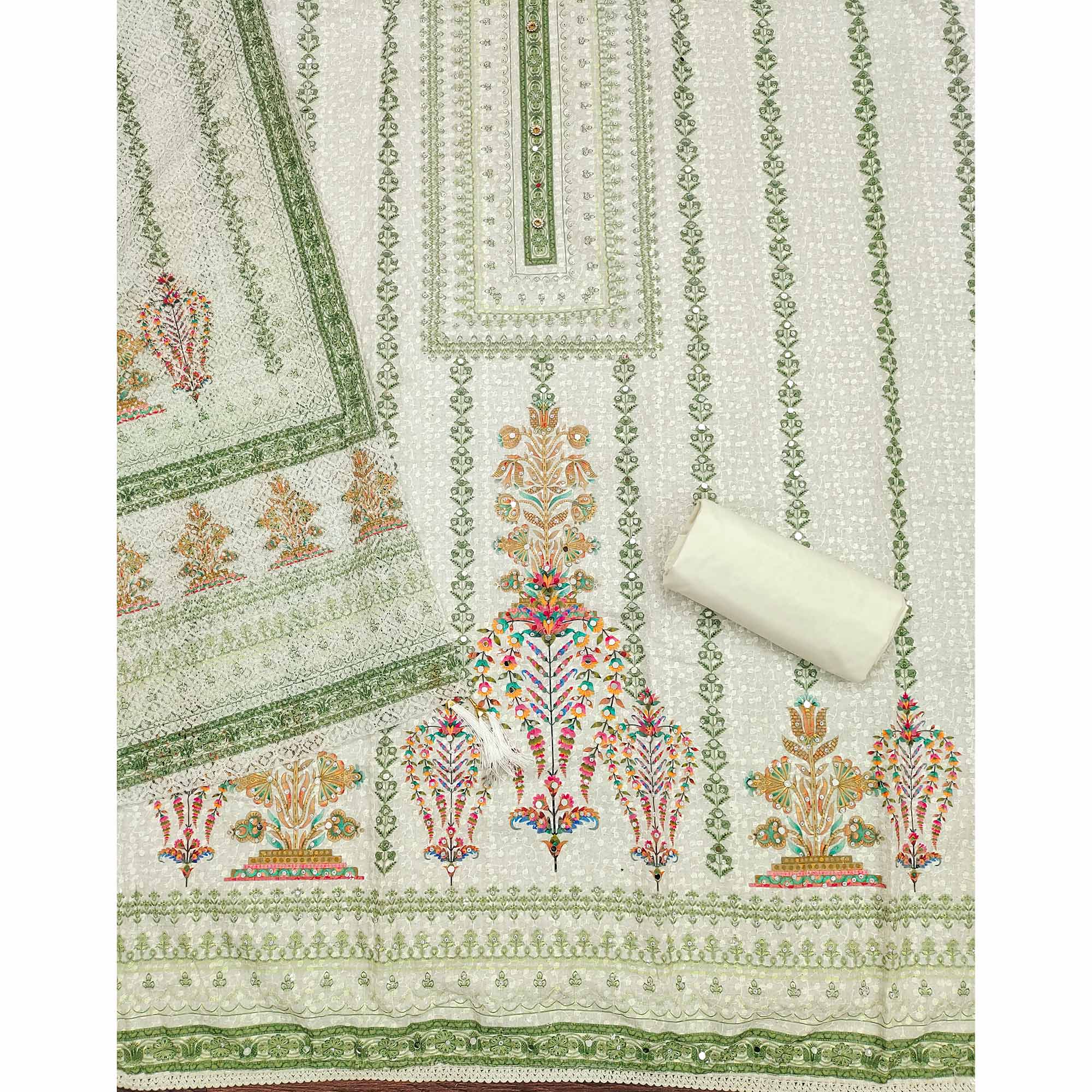Off-White and Green Unstitched Suit Material with Classic Schiffli Detailing