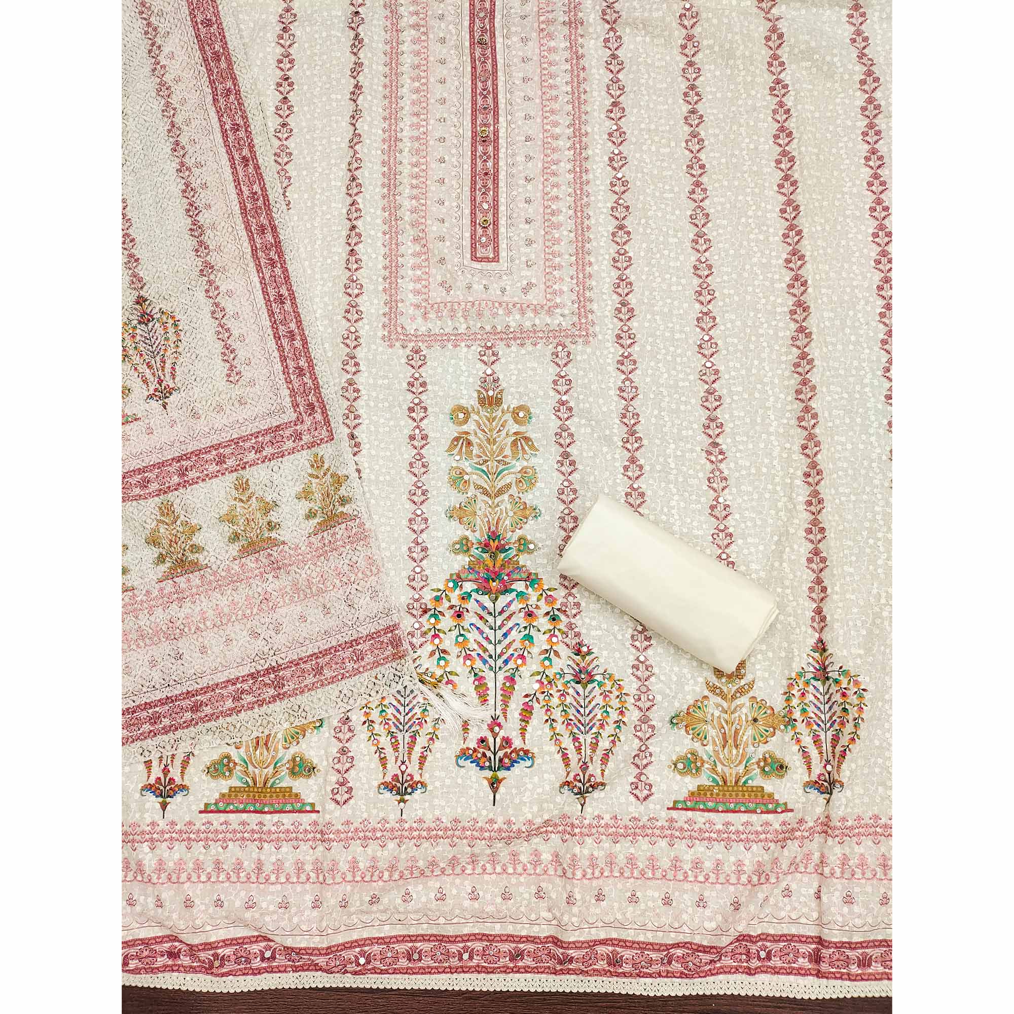 Off-White and Maroon Unstitched Suit Material with Classic Schiffli Detailing