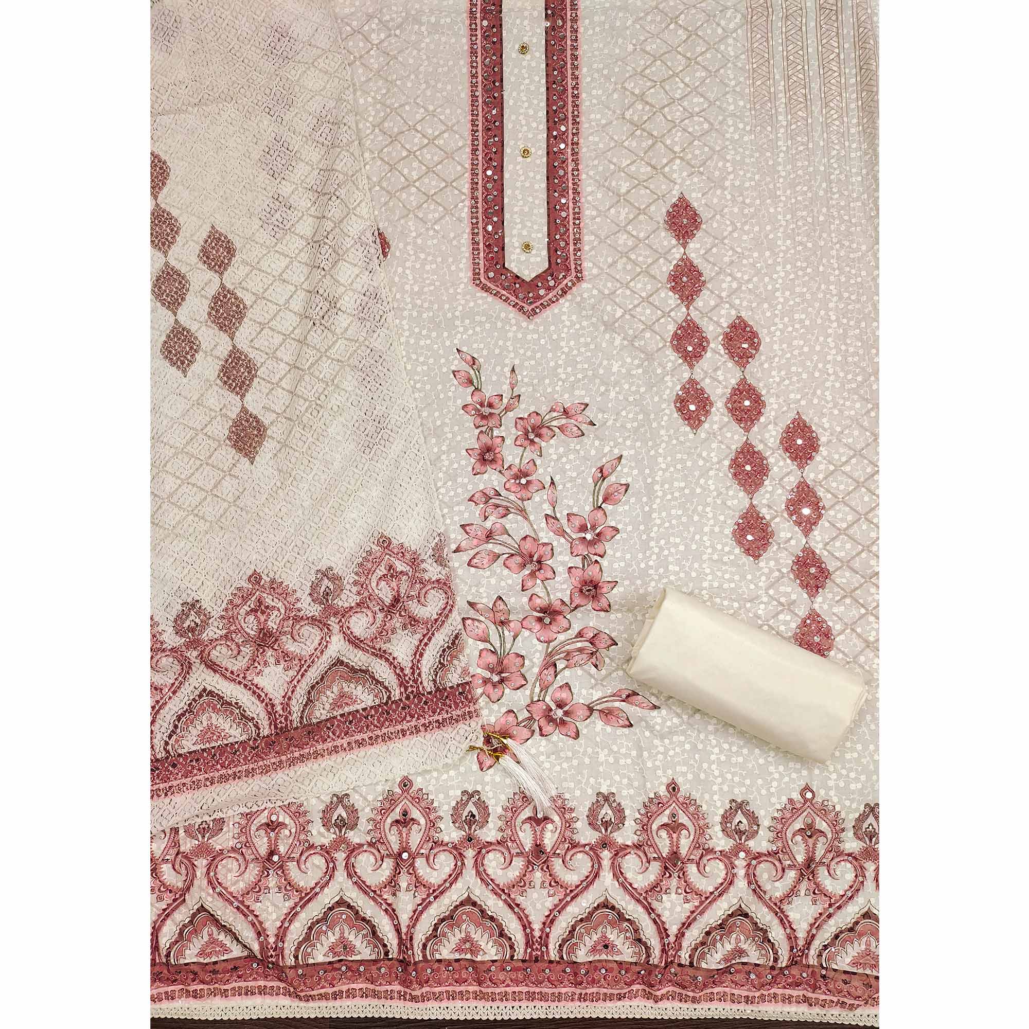 Off-White and Maroon Unstitched Suit Material with Classic Schiffli Detailing