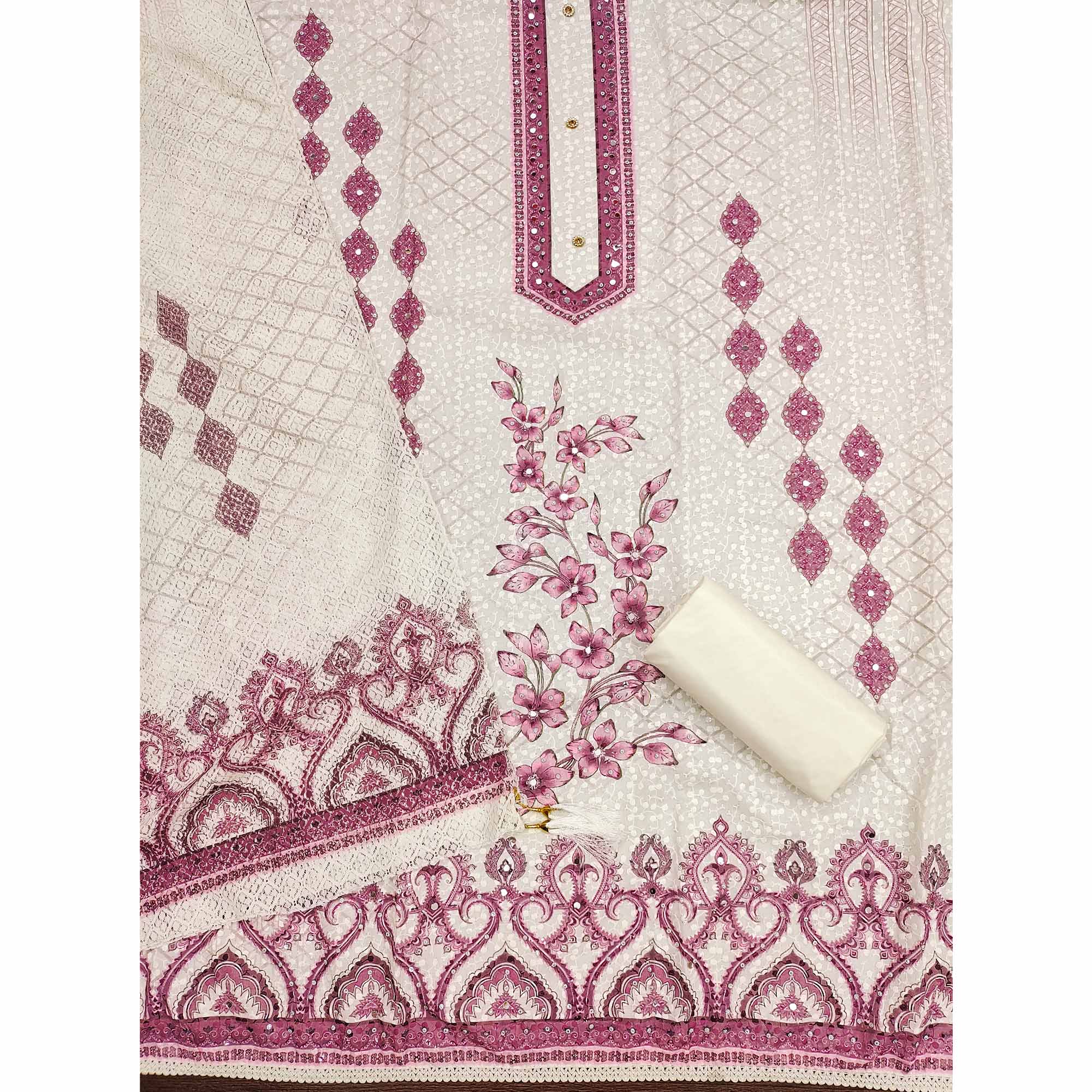 Off-White and Pink Unstitched Suit Material with Classic Schiffli Detailing