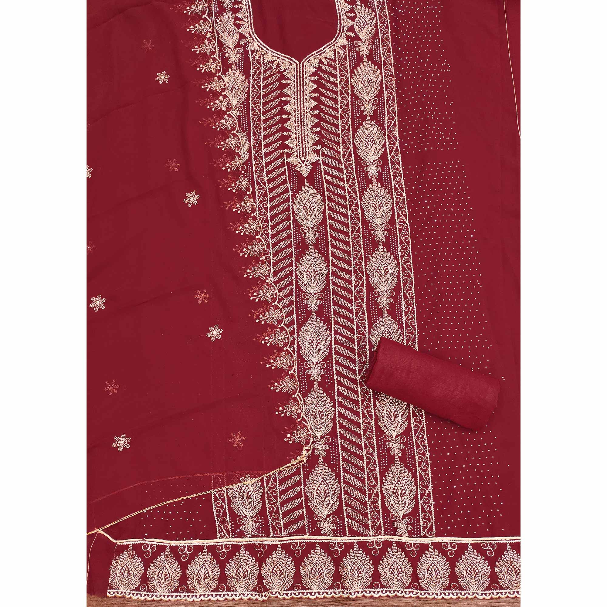 Heavy Thread Embroidered Maroon Georgette Unstitched Suit Material