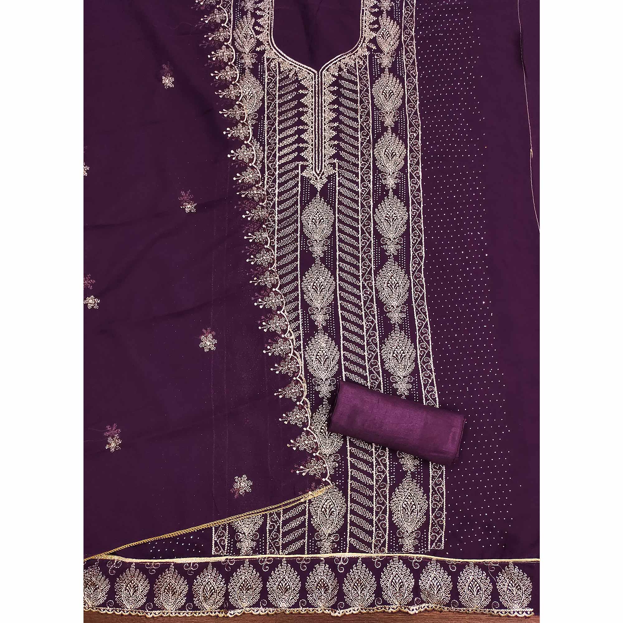 Heavy Thread Embroidered Purple Georgette Unstitched Suit Material