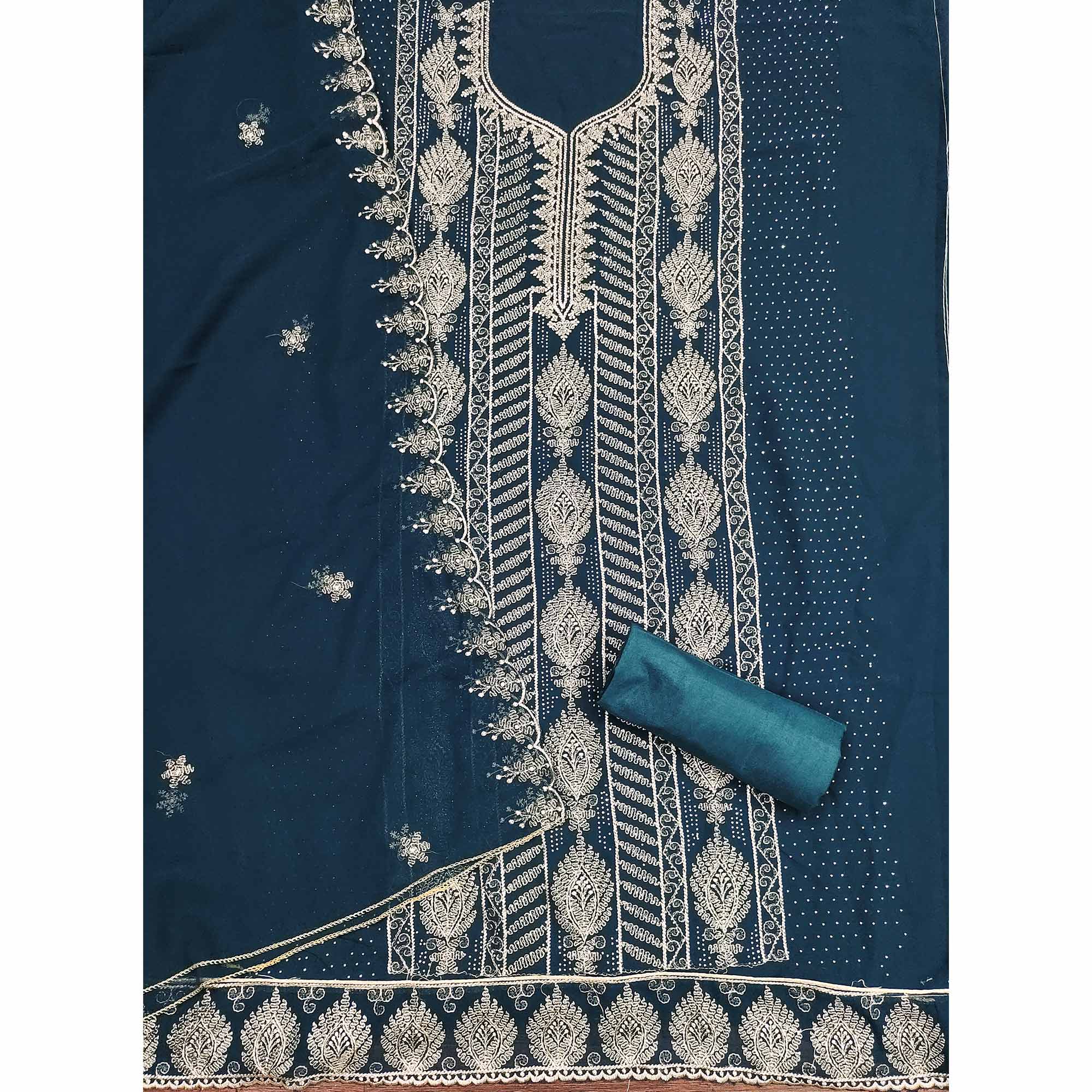 Heavy Thread Embroidered Teal Georgette Unstitched Suit Material