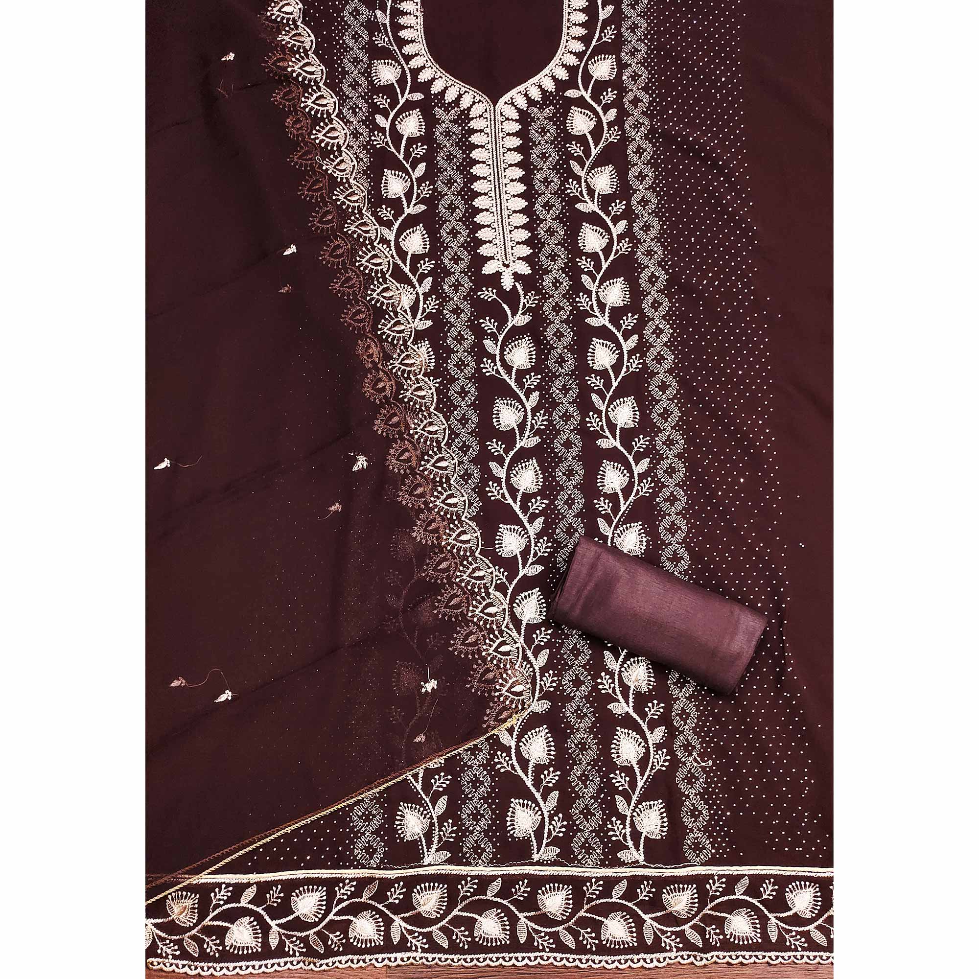 Brown Unstitched Georgette Suit Material Accented with Beautiful Thread Embroidery