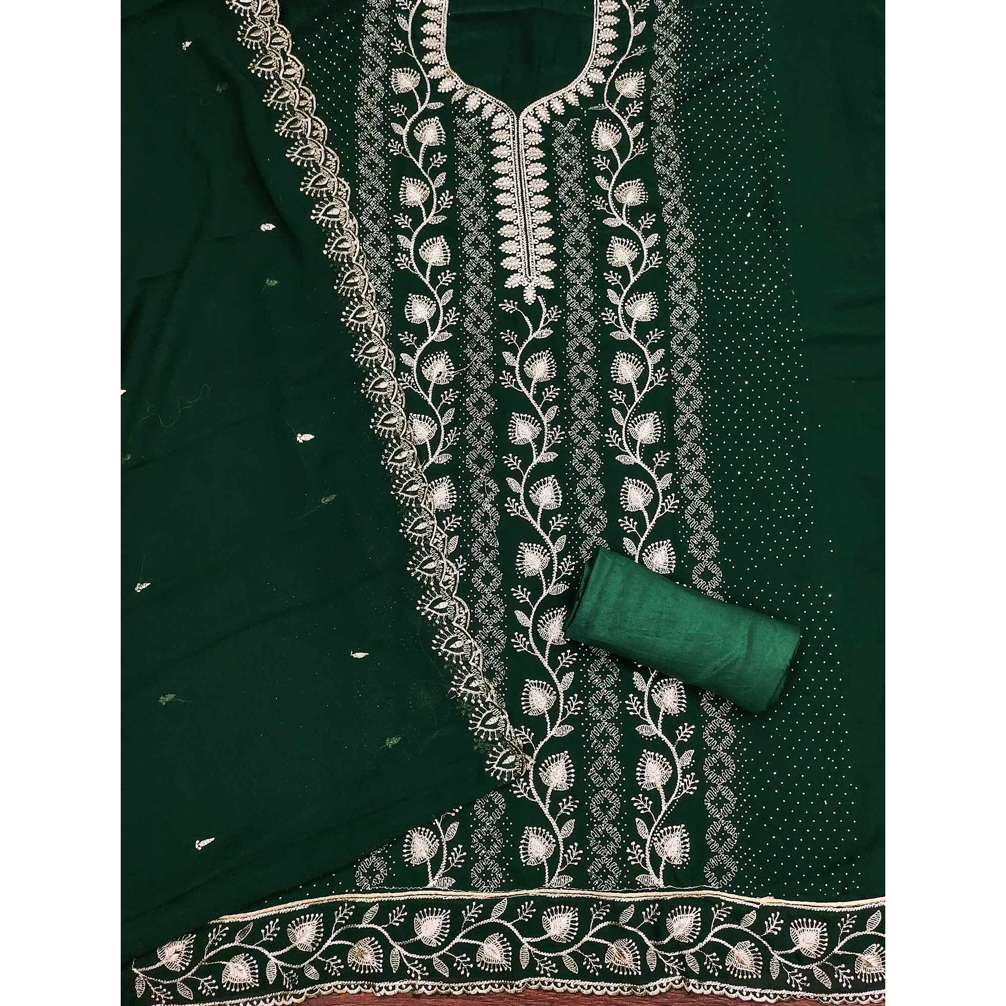Green Unstitched Georgette Suit Material Accented with Beautiful Thread Embroidery
