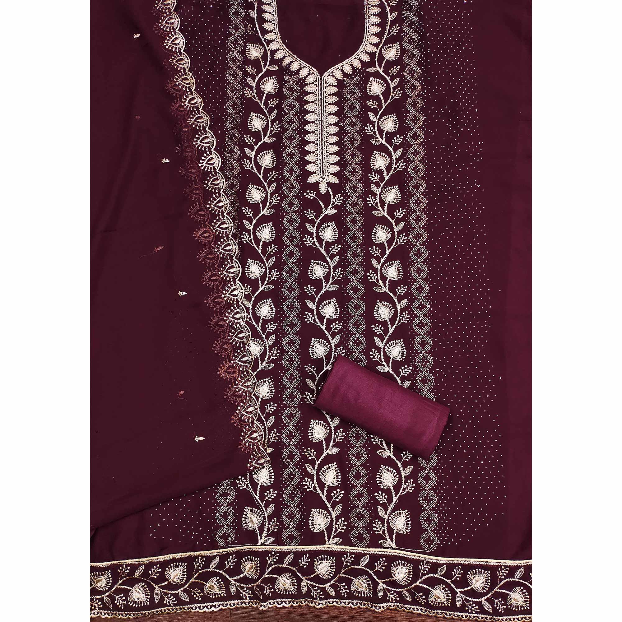 Wine Unstitched Georgette Suit Material Accented with Beautiful Thread Embroidery