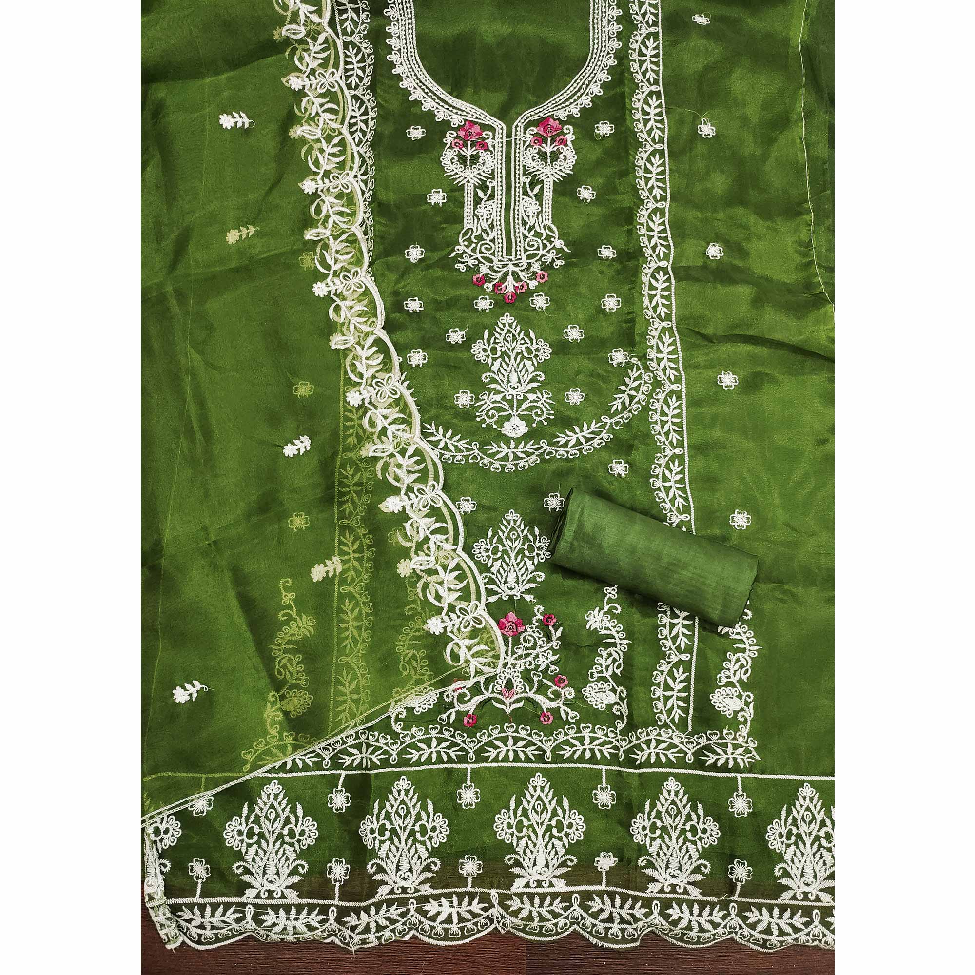 Lightweight Green Organza Unstitched Suit Material with Intricate Floral Work