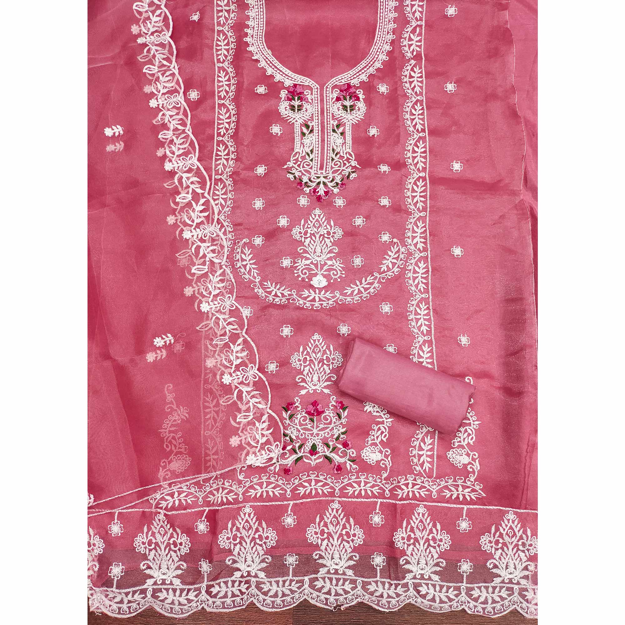 Lightweight Pink Organza Unstitched Suit Material with Intricate Floral Work