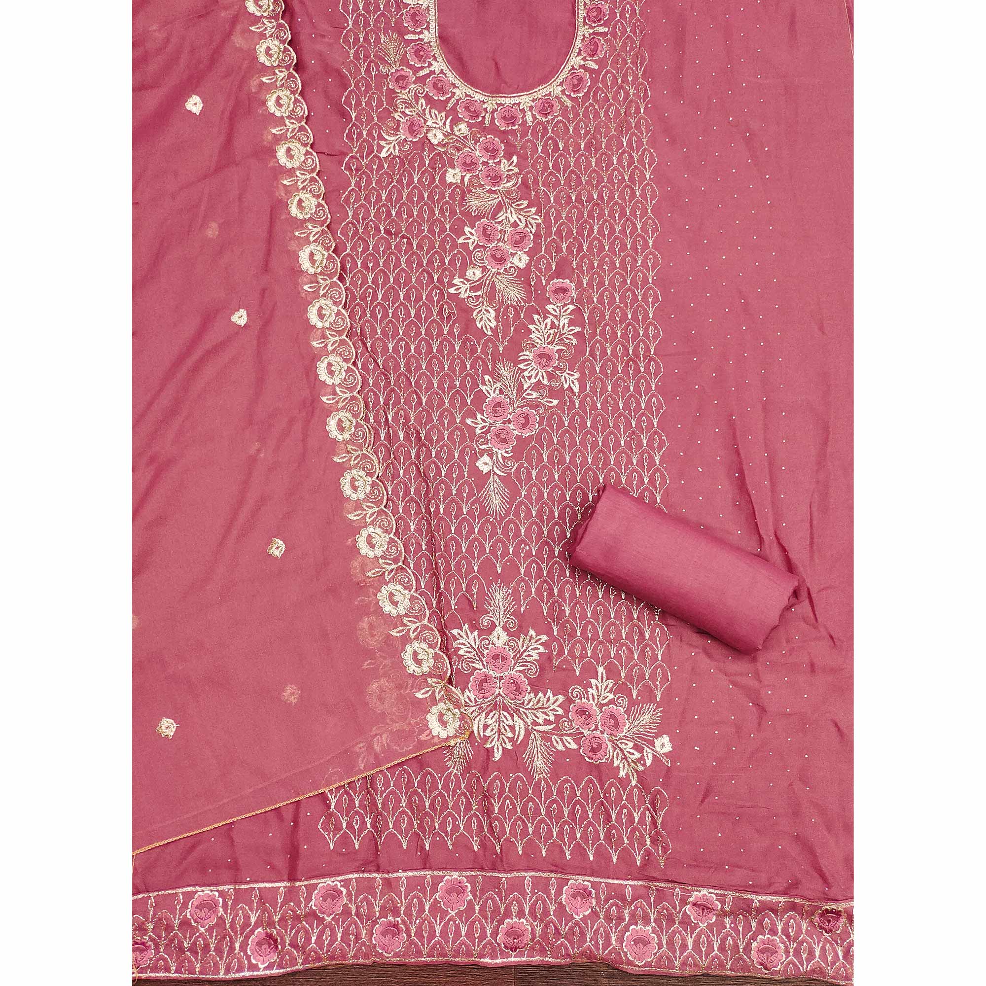 Designer Dusty Pink Floral Work Embroidered Georgette Unstitched Dress Material