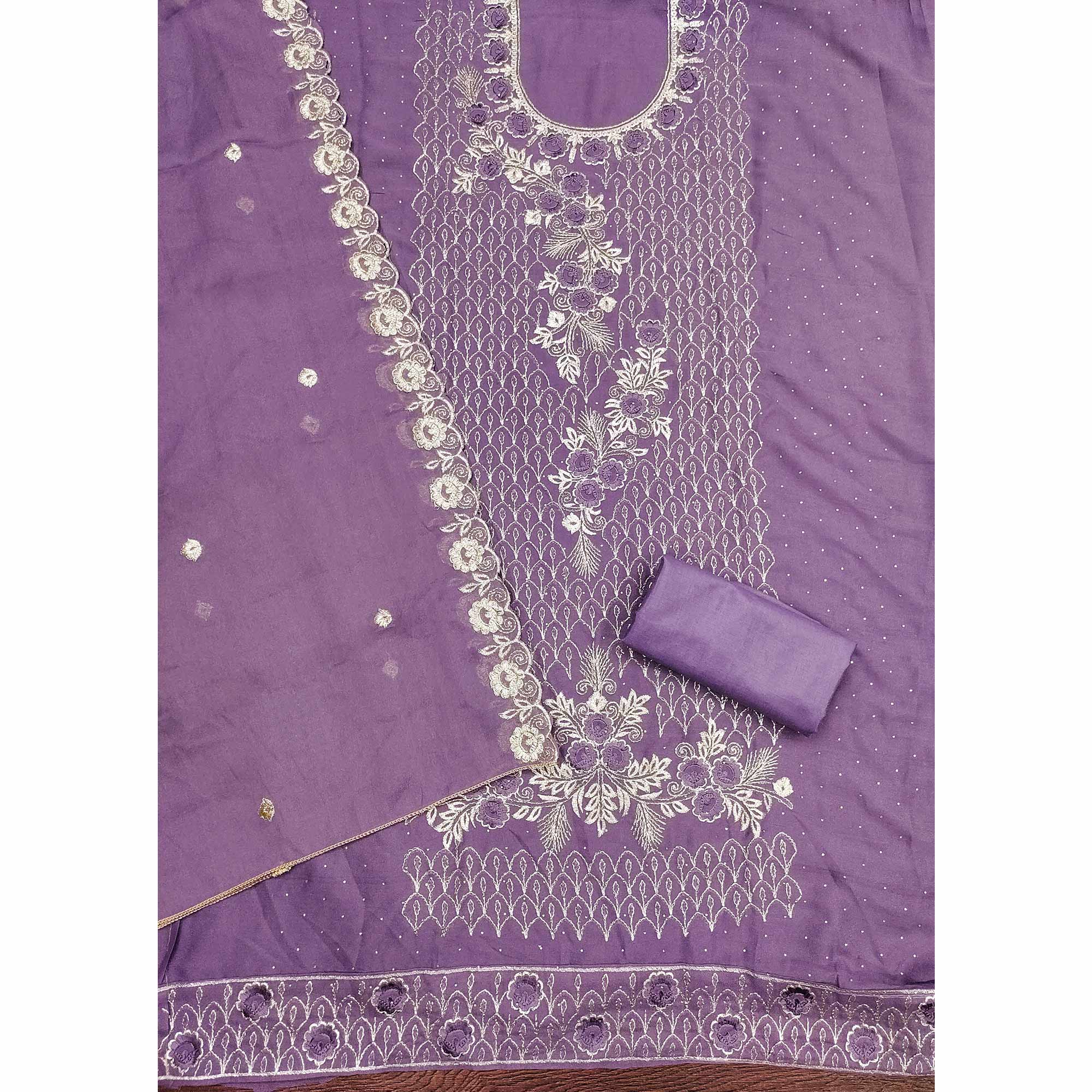 Designer Lavender Floral Work Embroidered Georgette Unstitched Dress Material