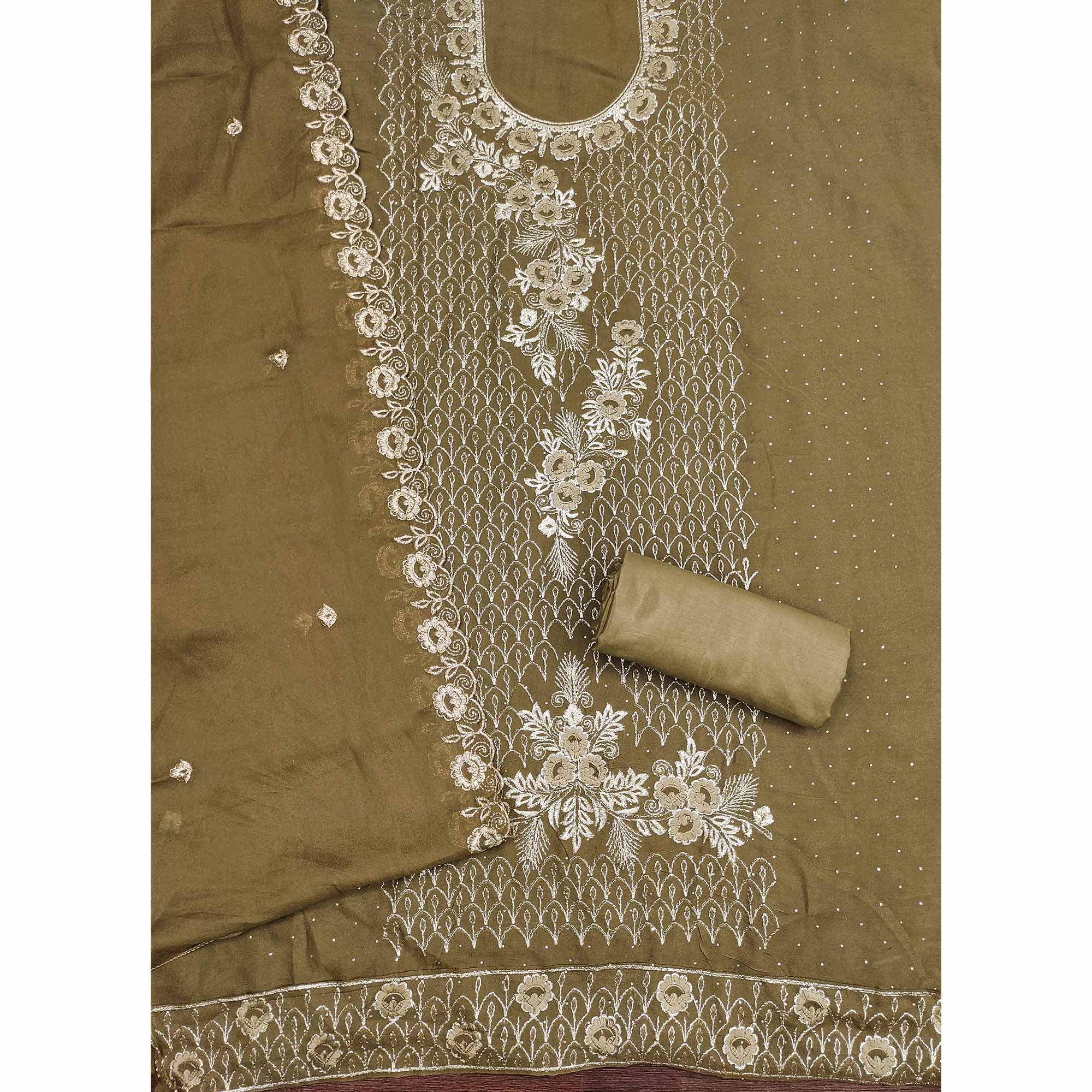 Designer Olive Floral Work Embroidered Georgette Unstitched Dress Material