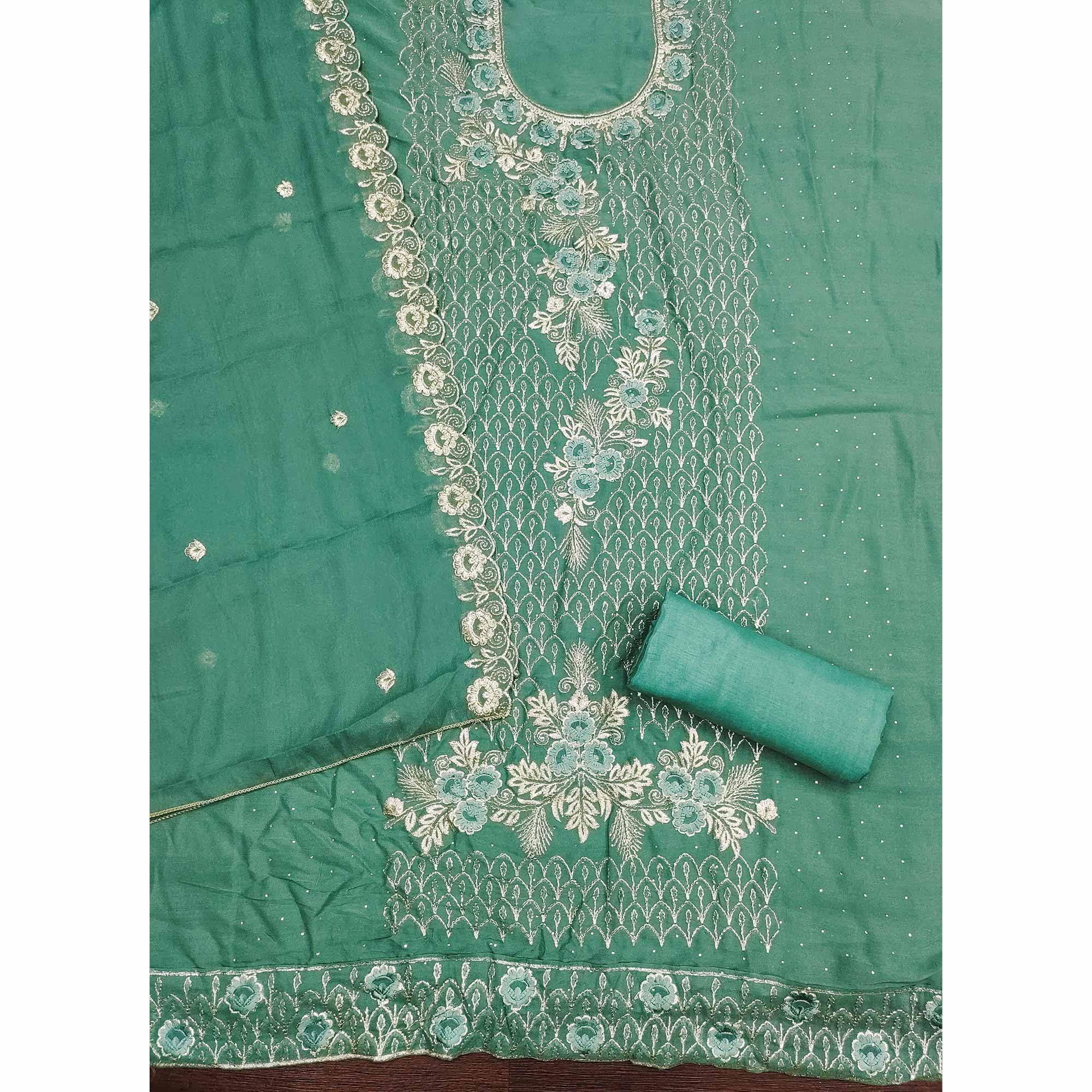 Designer Sea Green Floral Work Embroidered Georgette Unstitched Dress Material