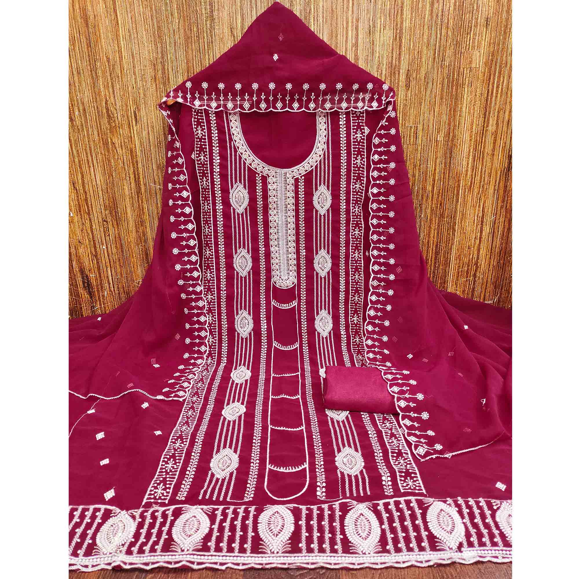 Pink Star Georgette Suit Fabric Highlighted with Fine Thread Embroidery Work