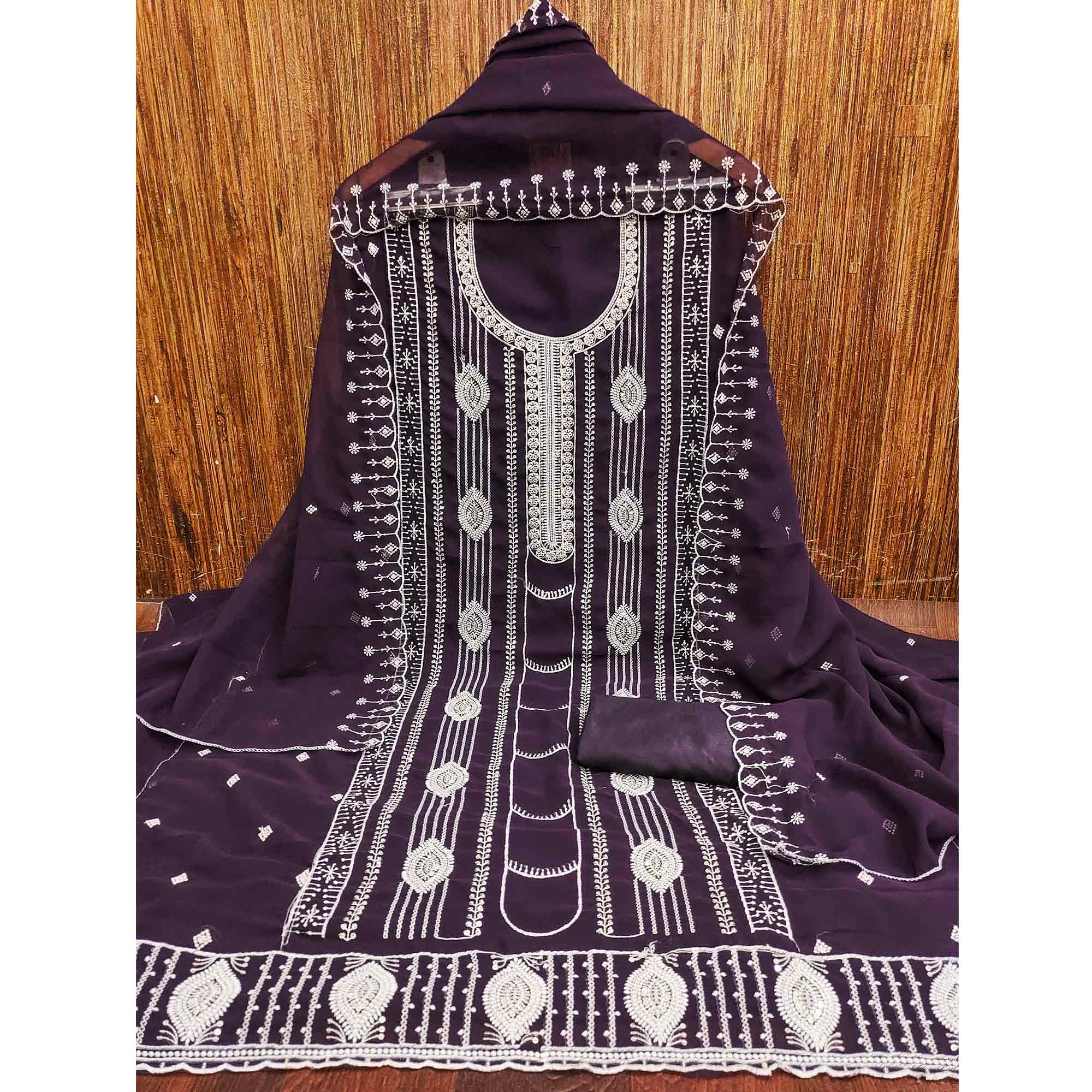 Purple Star Georgette Suit Fabric Highlighted with Fine Thread Embroidery Work