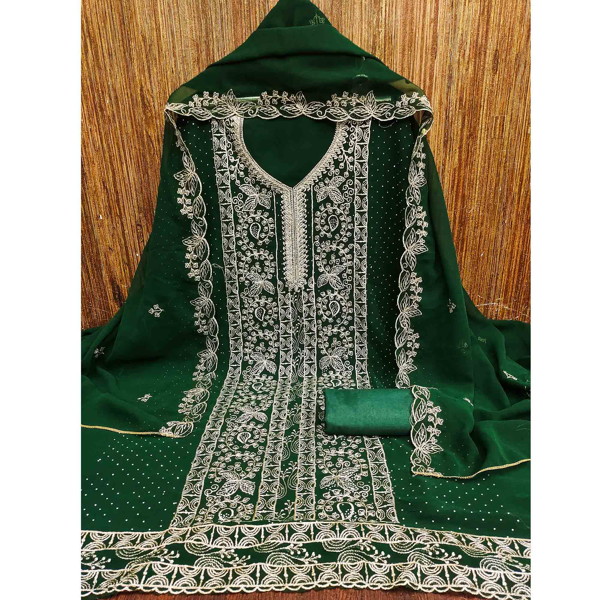 Green Star Georgette Unstitched Dress Material with Intricate Embroidery Work
