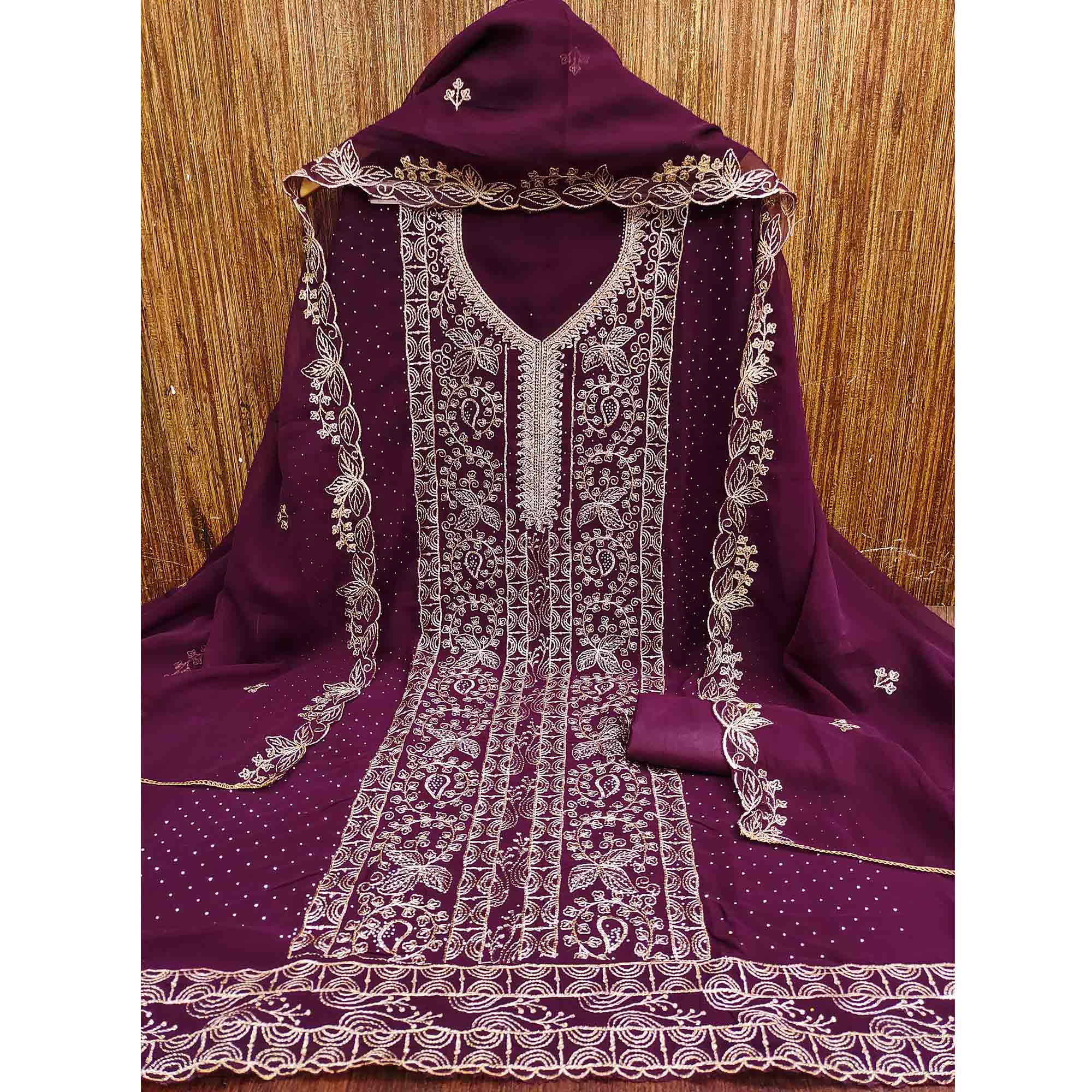 Wine Star Georgette Unstitched Dress Material with Intricate Embroidery Work