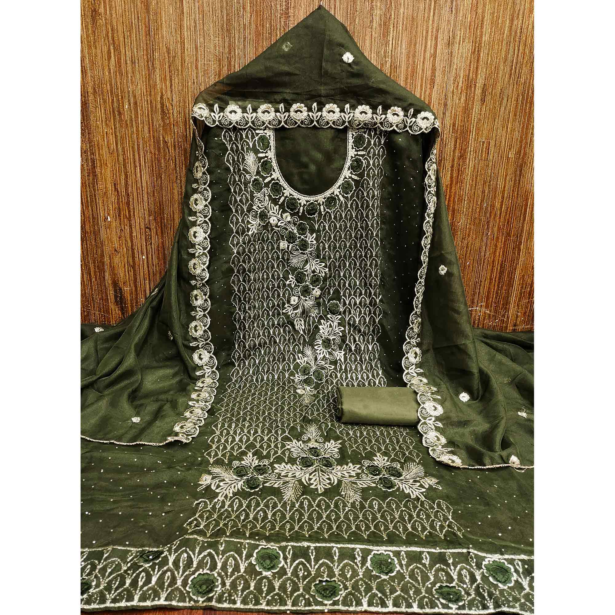 Green Georgette Dress Material Decorated with Artistic Thread Embroidery Designs