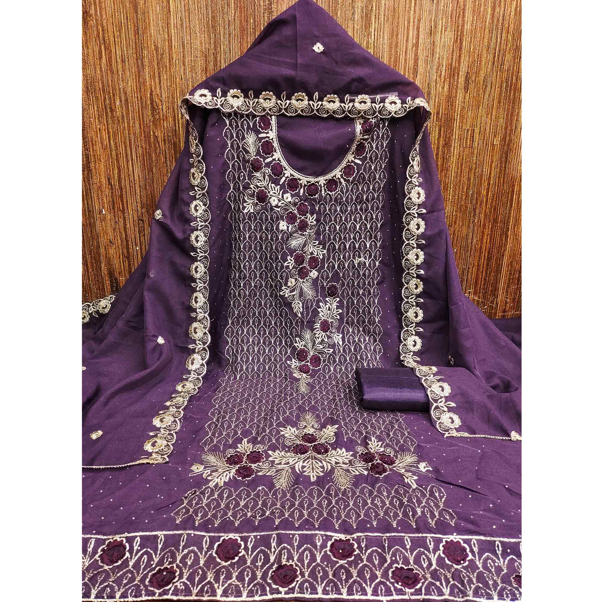 Purple Georgette Dress Material Decorated with Artistic Thread Embroidery Designs