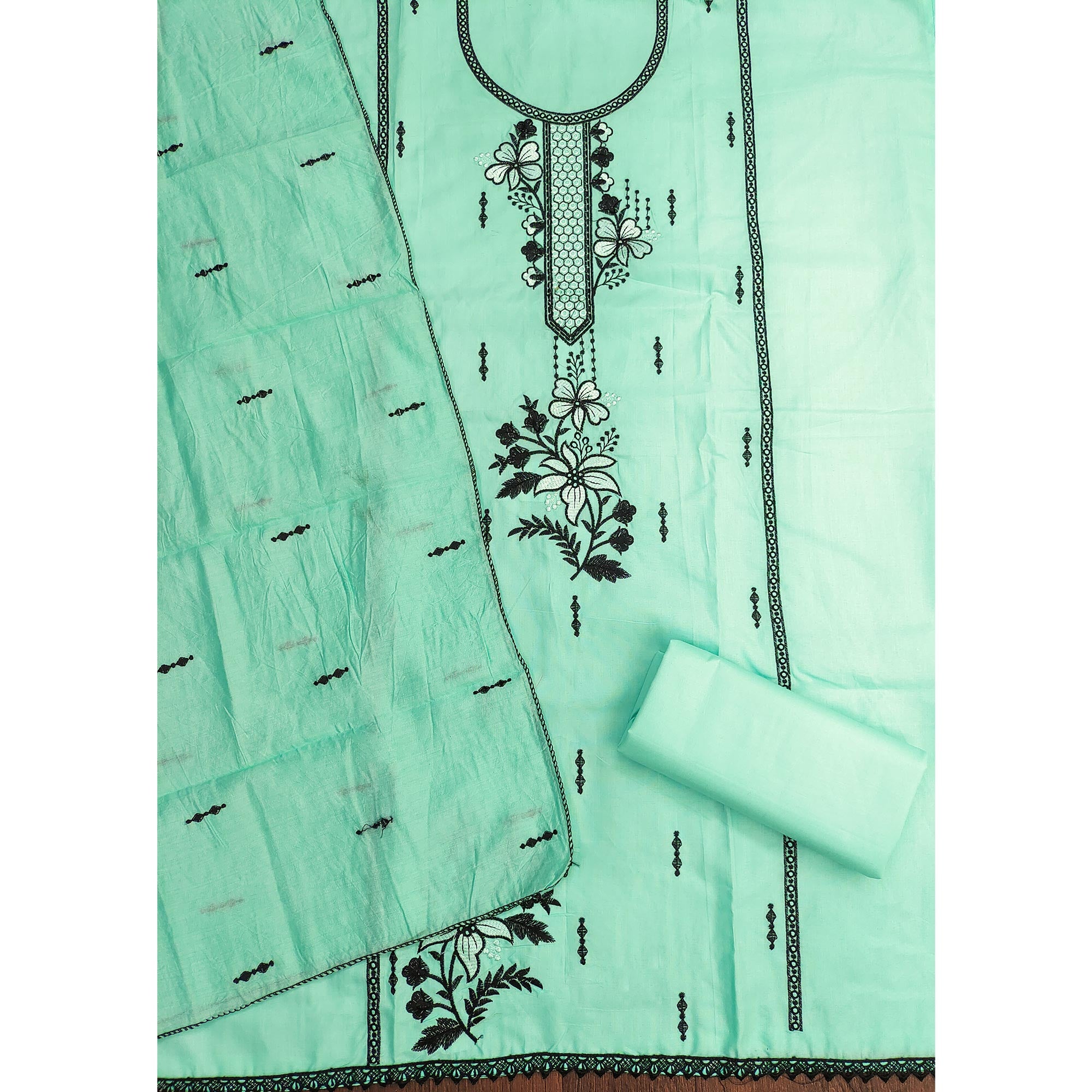 Elegant Sea Green Cotton Blend Dress Material with Delicate Thread Embroidered Detailing