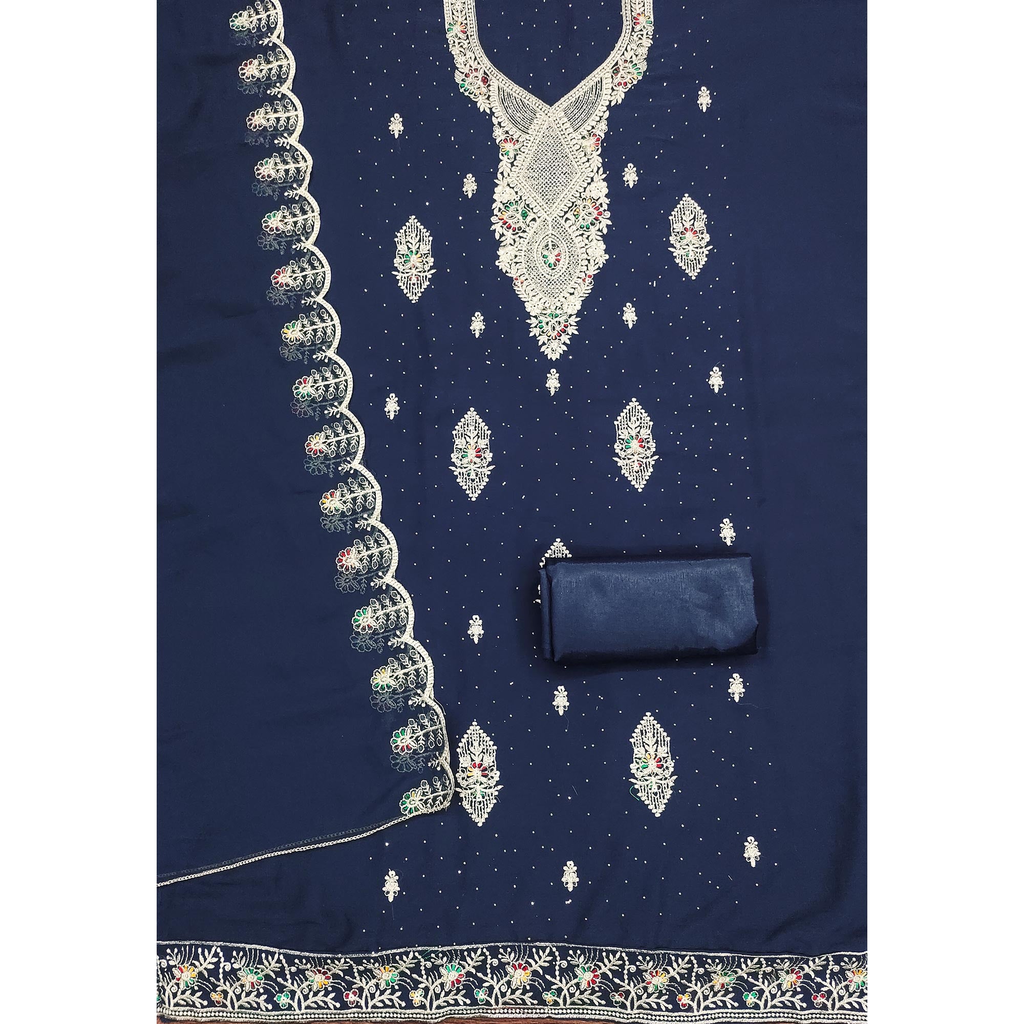 Blue Georgette Dress Material Adorned With Elegant Floral Embroidery & Shimmering Swarovski Work