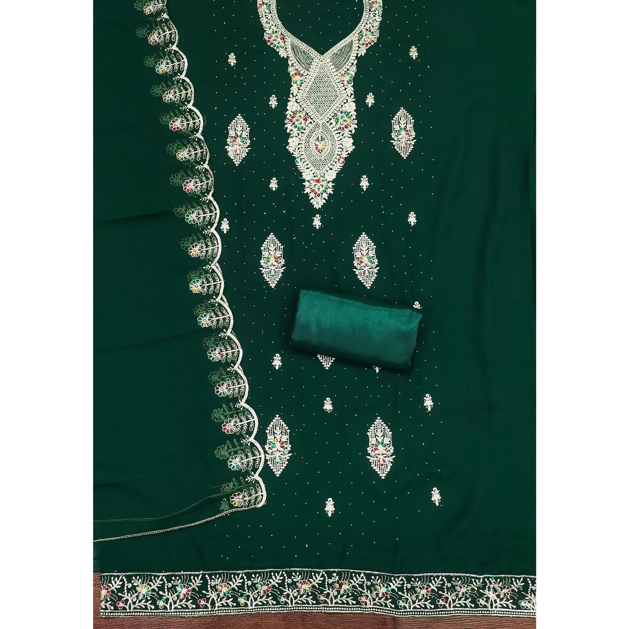 Green Georgette Dress Material Adorned With Elegant Floral Embroidery & Shimmering Swarovski Work