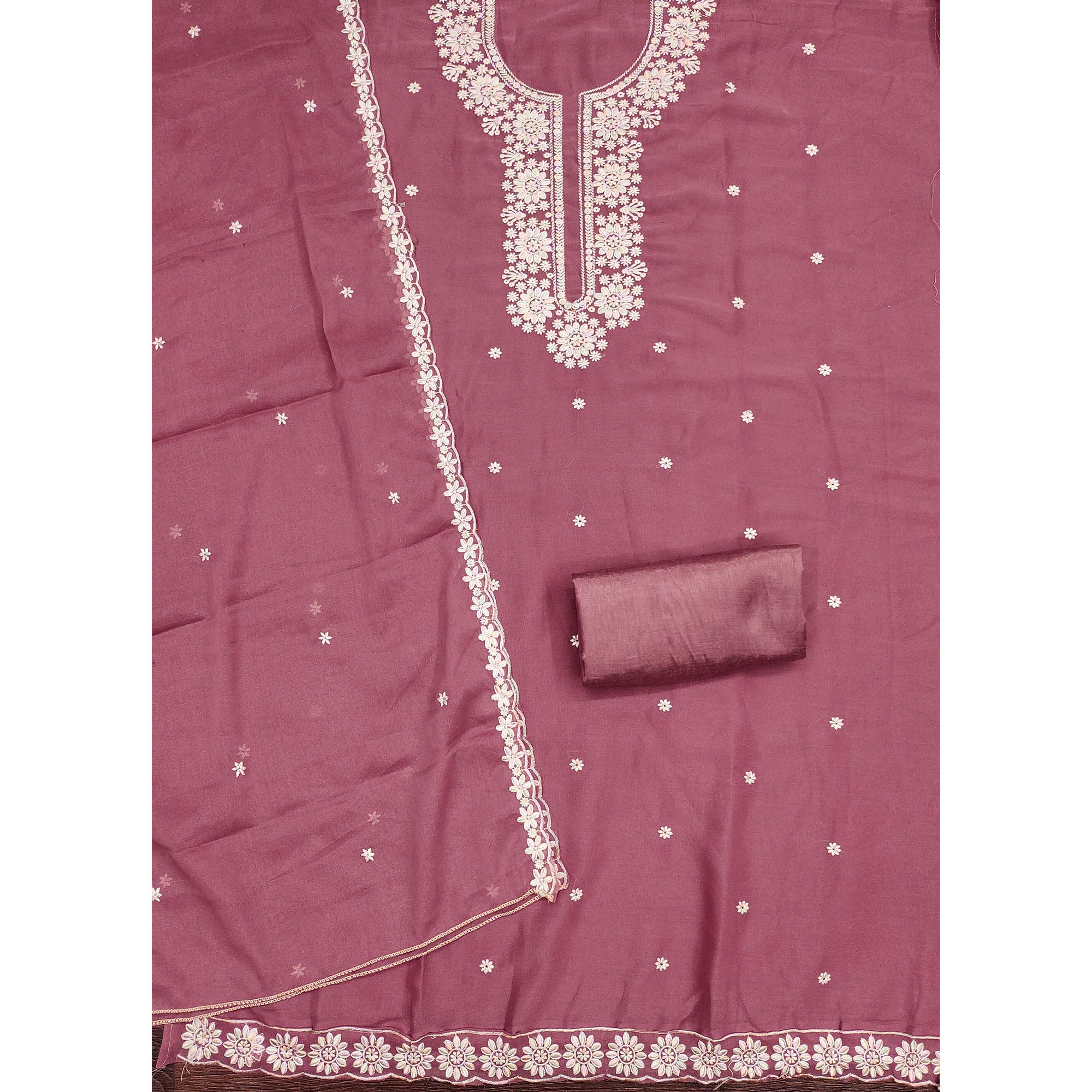 Chic Dusty Pink Floral Thread Embroidered Star Georgette Unstitched Suit Fabric