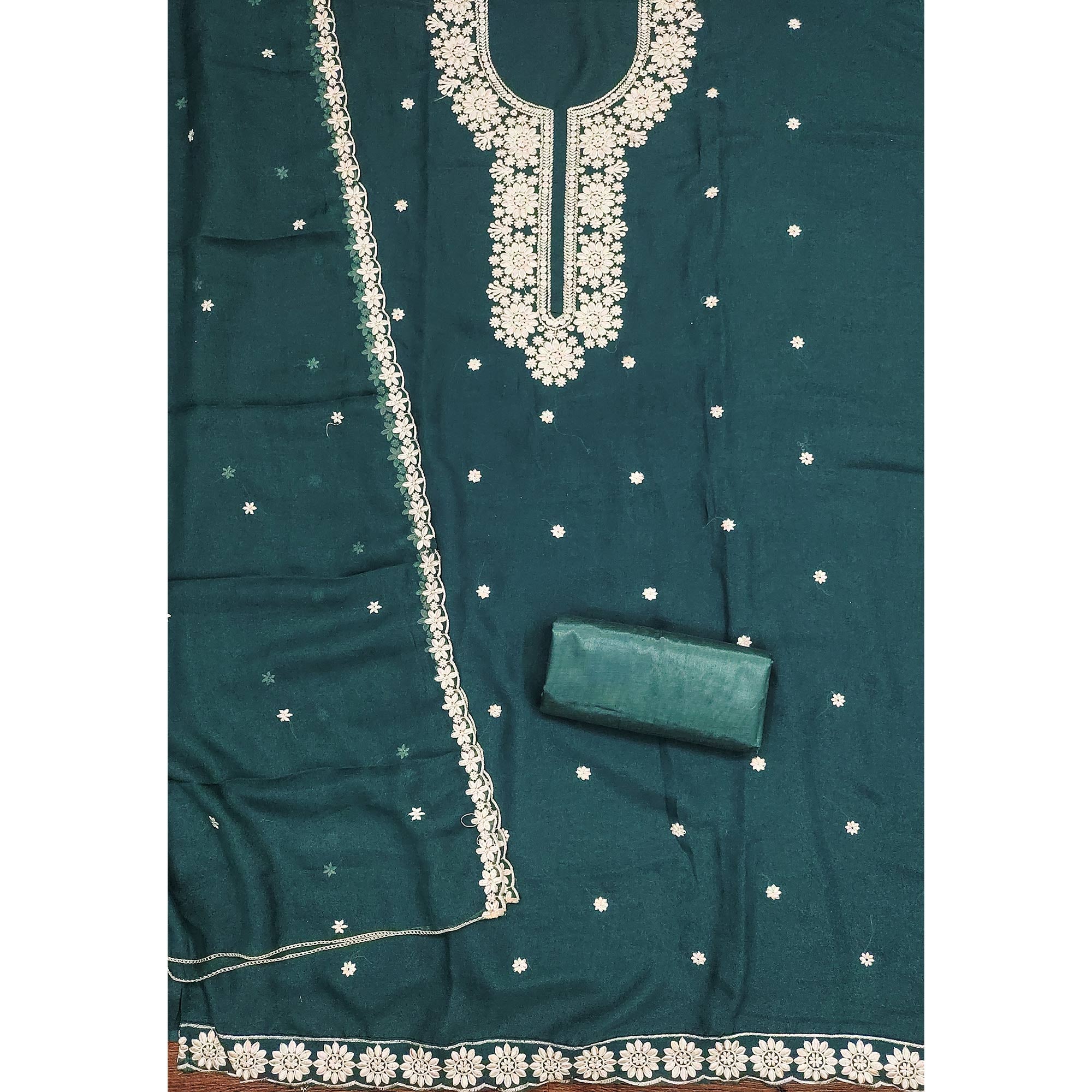 Chic Teal Floral Thread Embroidered Star Georgette Unstitched Suit Fabric