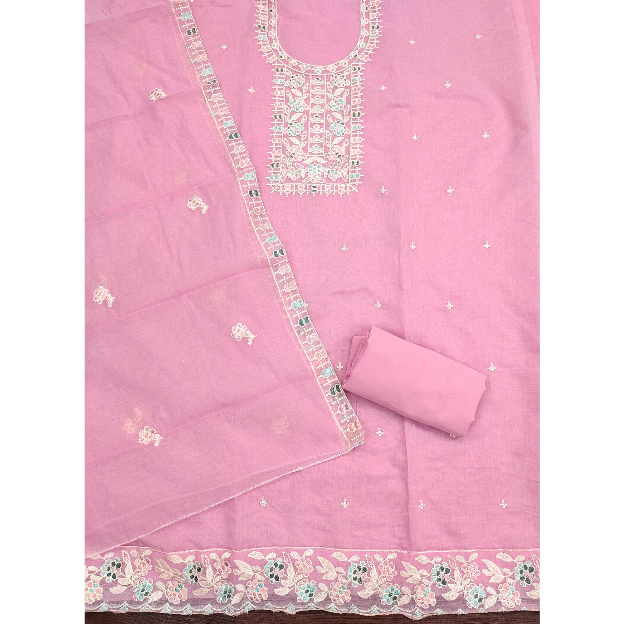 Pink Unstitched Suit Material in Premium Floral Thread Embroidered Chanderi Silk
