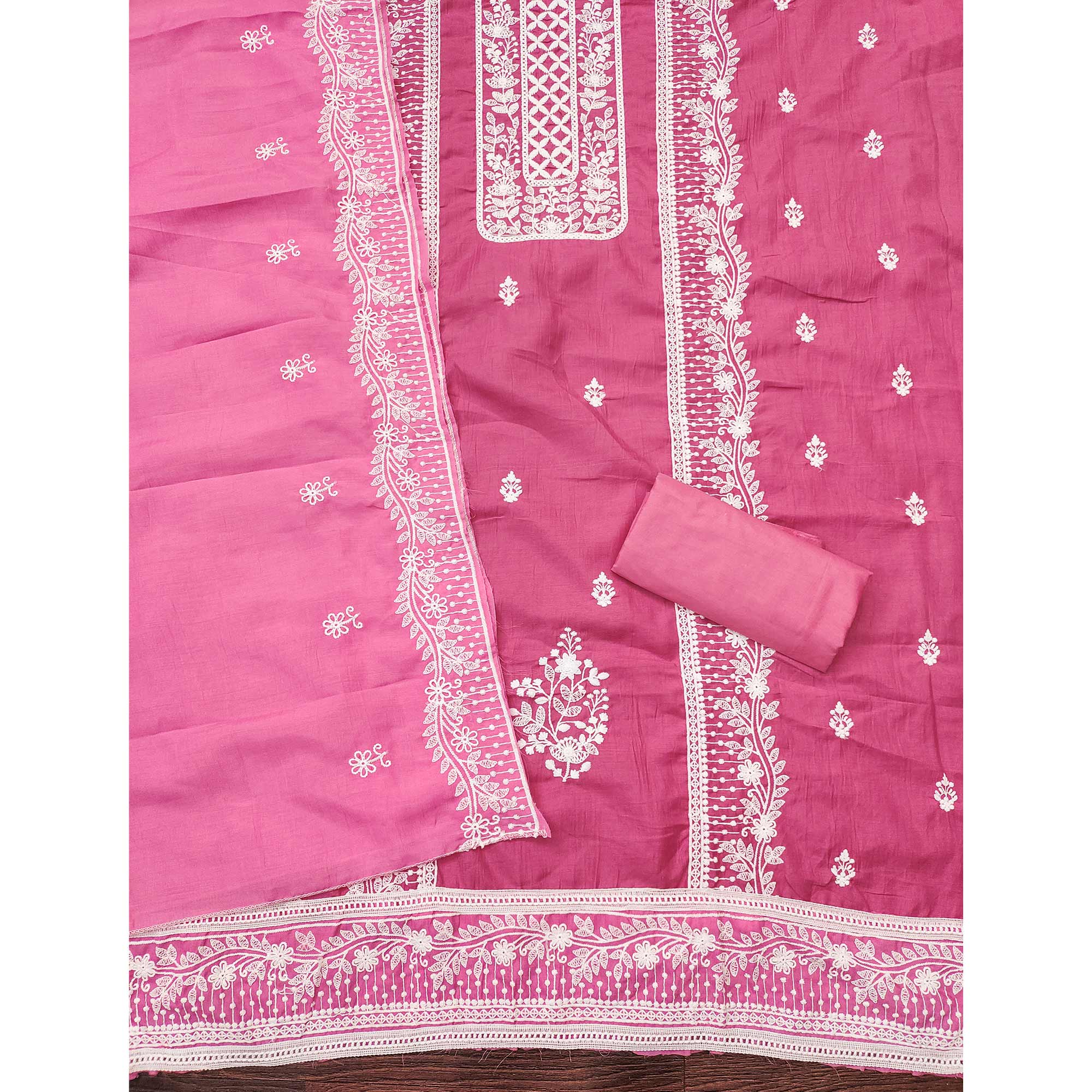 Dark Pink Unstitched Suit Material in Luxurious Cotton Silk with Exquisite Floral Embroidery