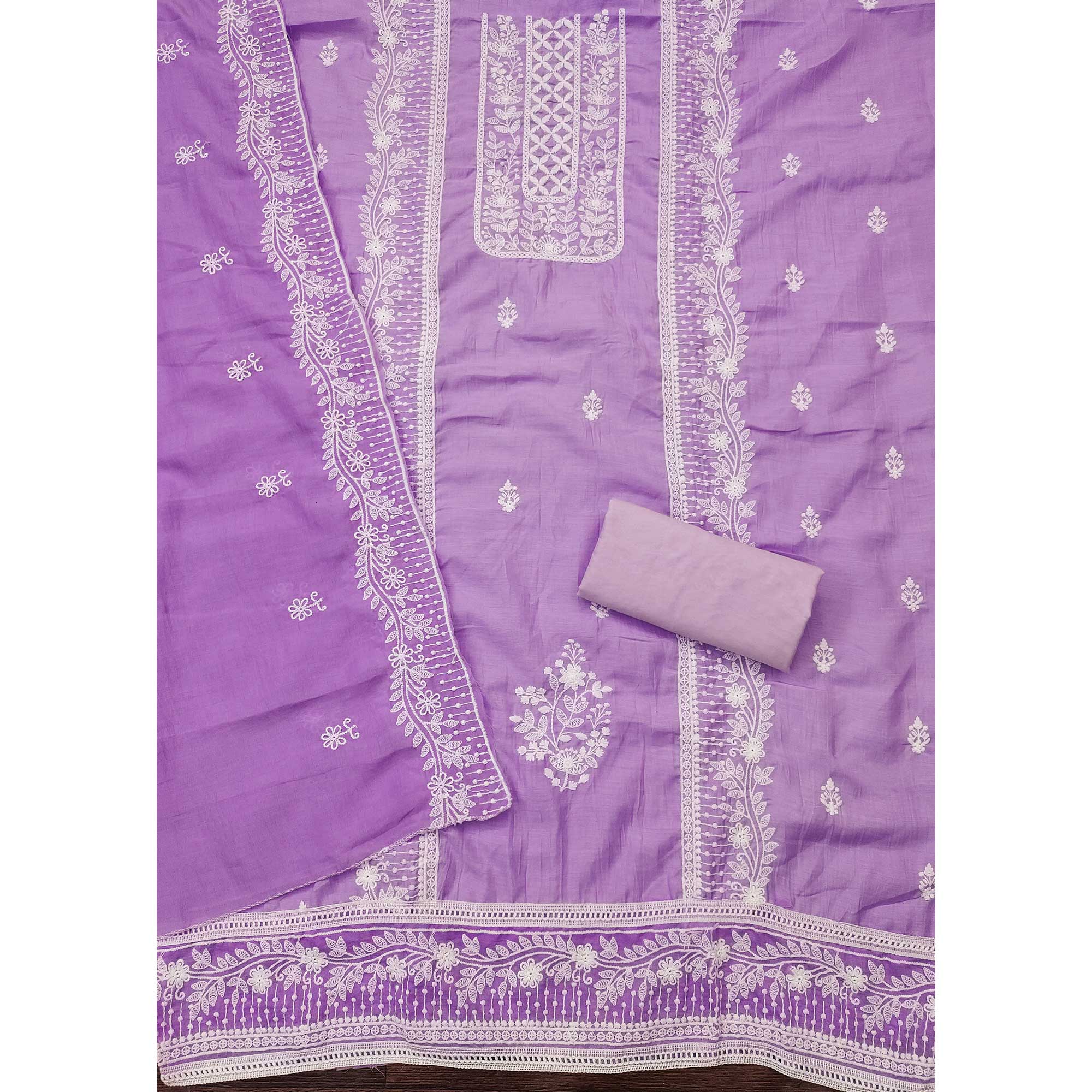 Lavender Unstitched Suit Material in Luxurious Cotton Silk with Exquisite Floral Embroidery