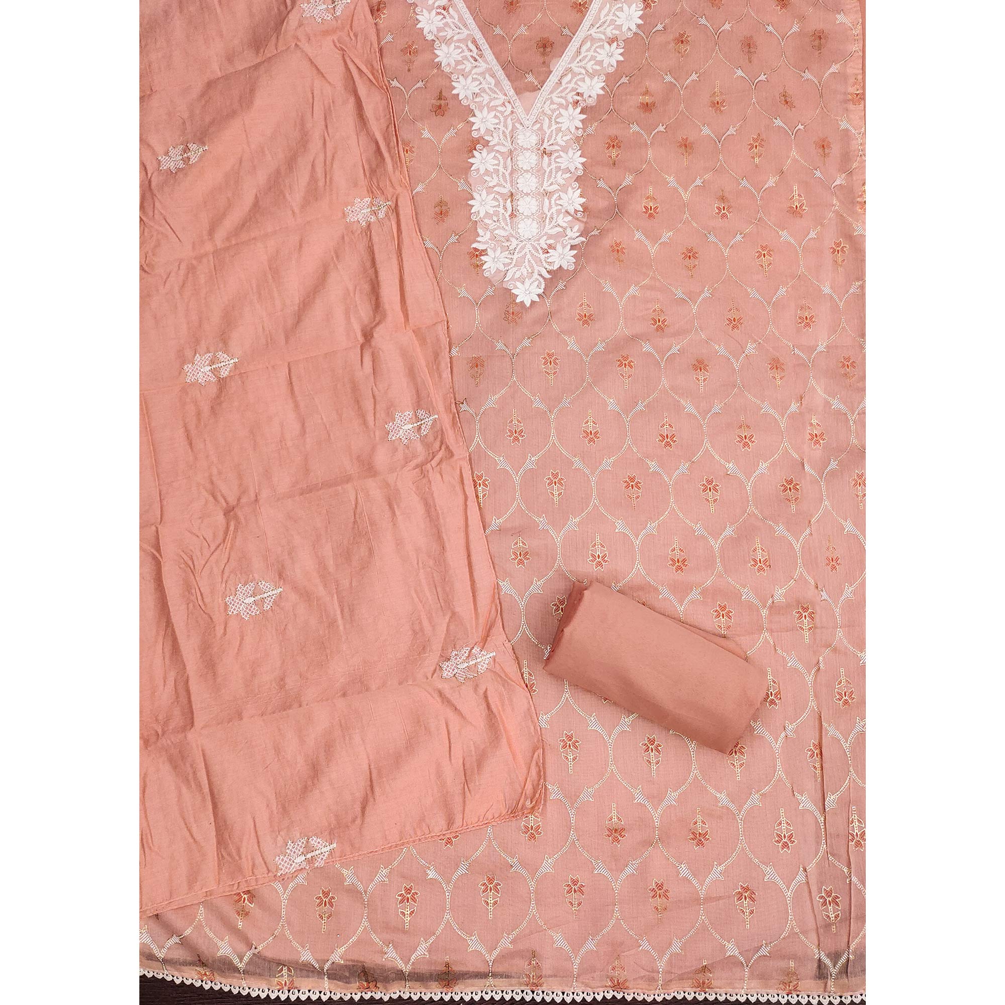 Feminine Peach Floral Thread Work Chanderi Silk Fabric for Traditional & Festive Outfits