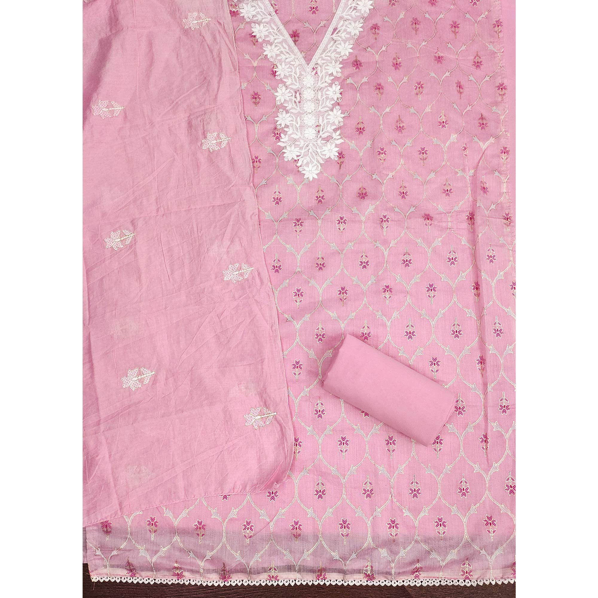 Feminine Pink Floral Thread Work Chanderi Silk Fabric for Traditional & Festive Outfits