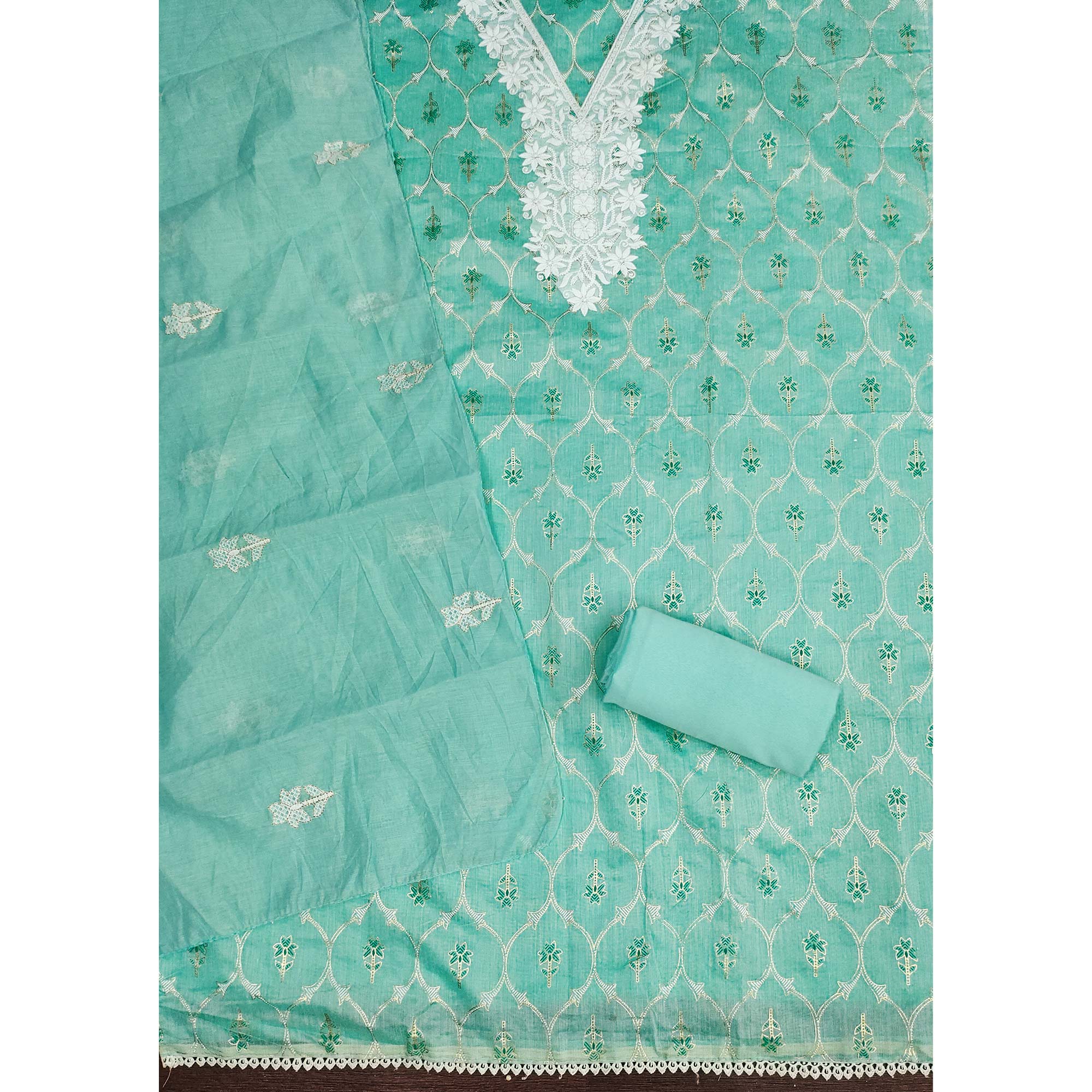 Feminine Turquoise Floral Thread Work Chanderi Silk Fabric for Traditional & Festive Outfits