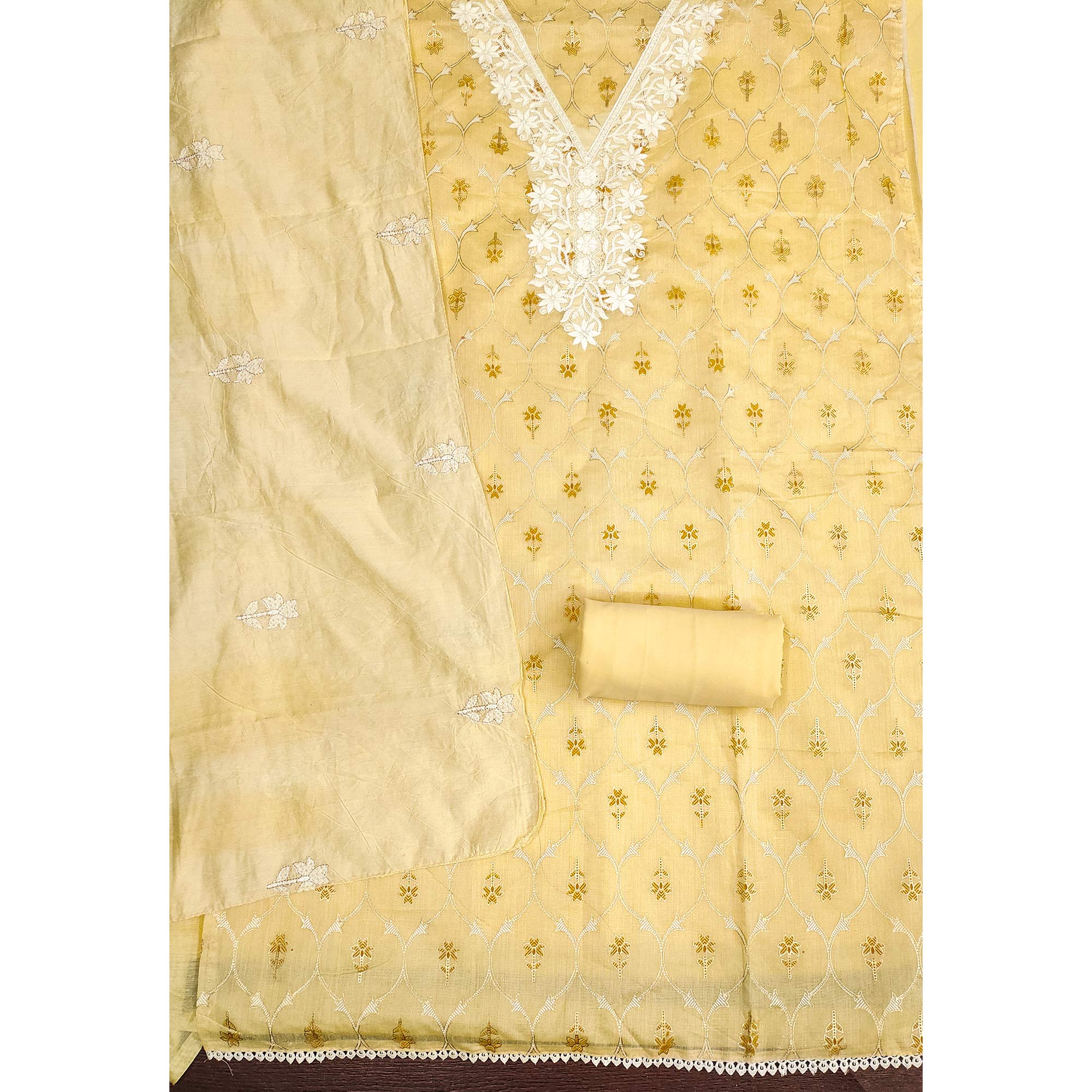 Feminine Yellow Floral Thread Work Chanderi Silk Fabric for Traditional & Festive Outfits