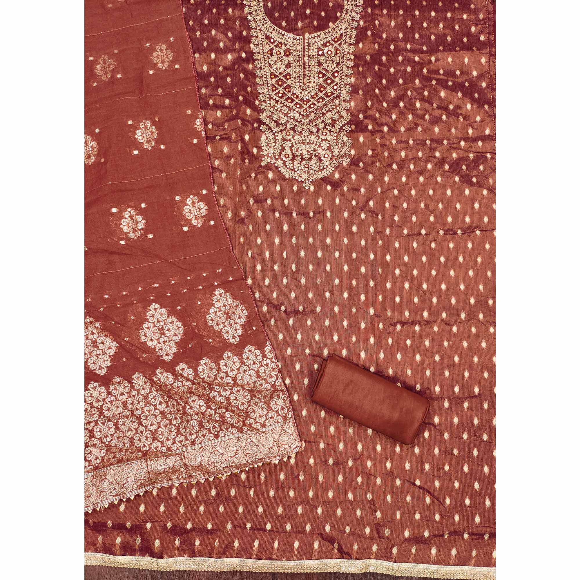 Rust Embroidered Shimmer Fabric with Beautiful Zari Work for Unstitched Suits