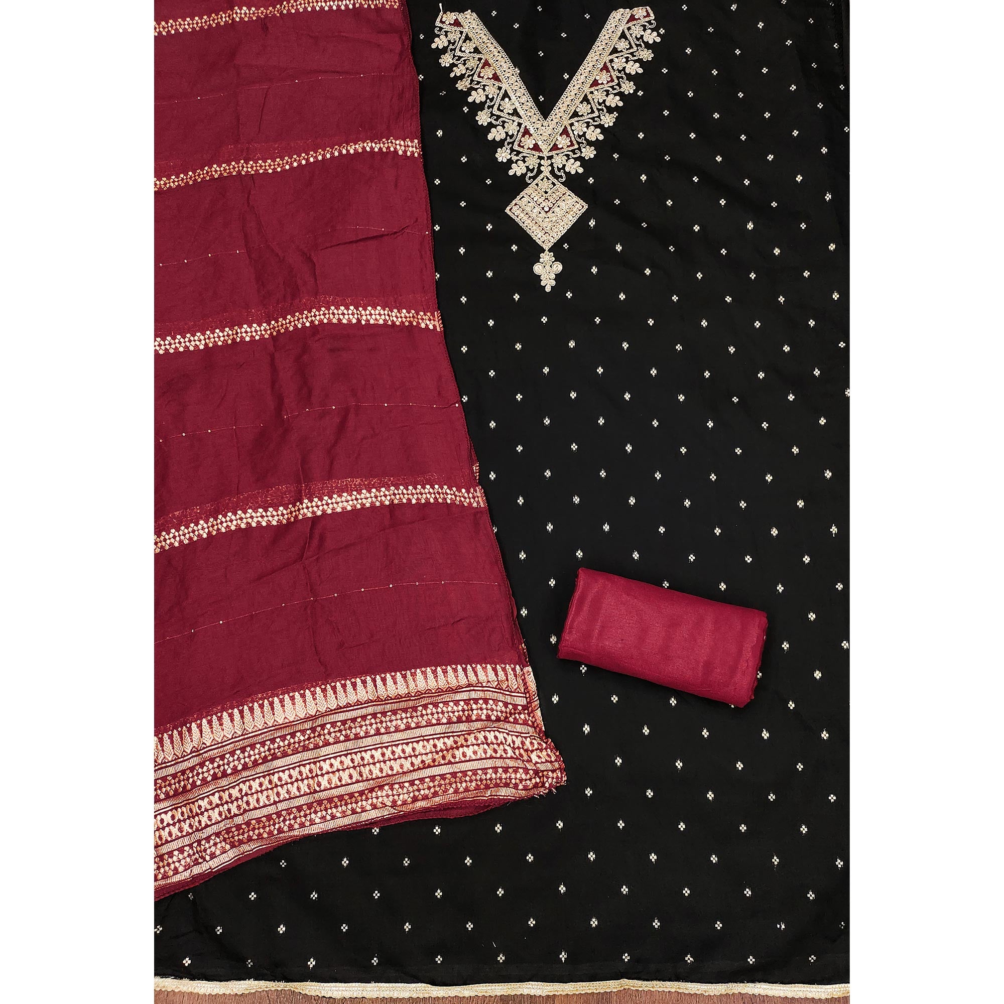 Festive Black Chanderi Silk Suit Material with Detailed Zari Weaving and Hand Embroidery