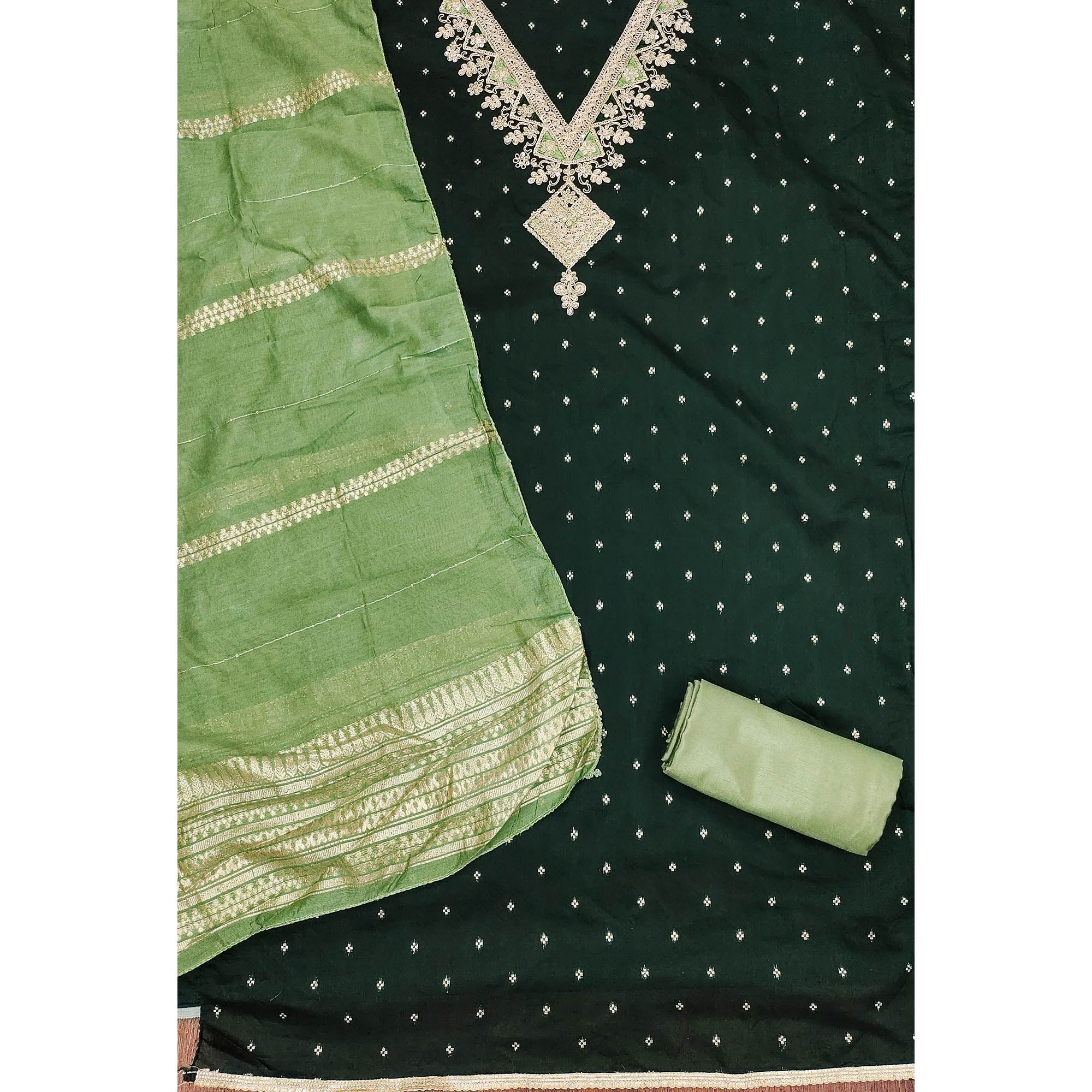 Festive Green Chanderi Silk Suit Material with Detailed Zari Weaving and Hand Embroidery