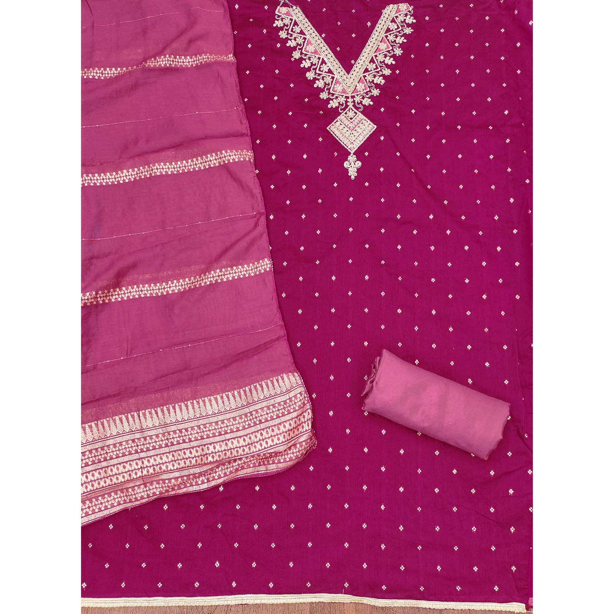 Festive Pink Chanderi Silk Suit Material with Detailed Zari Weaving and Hand Embroidery