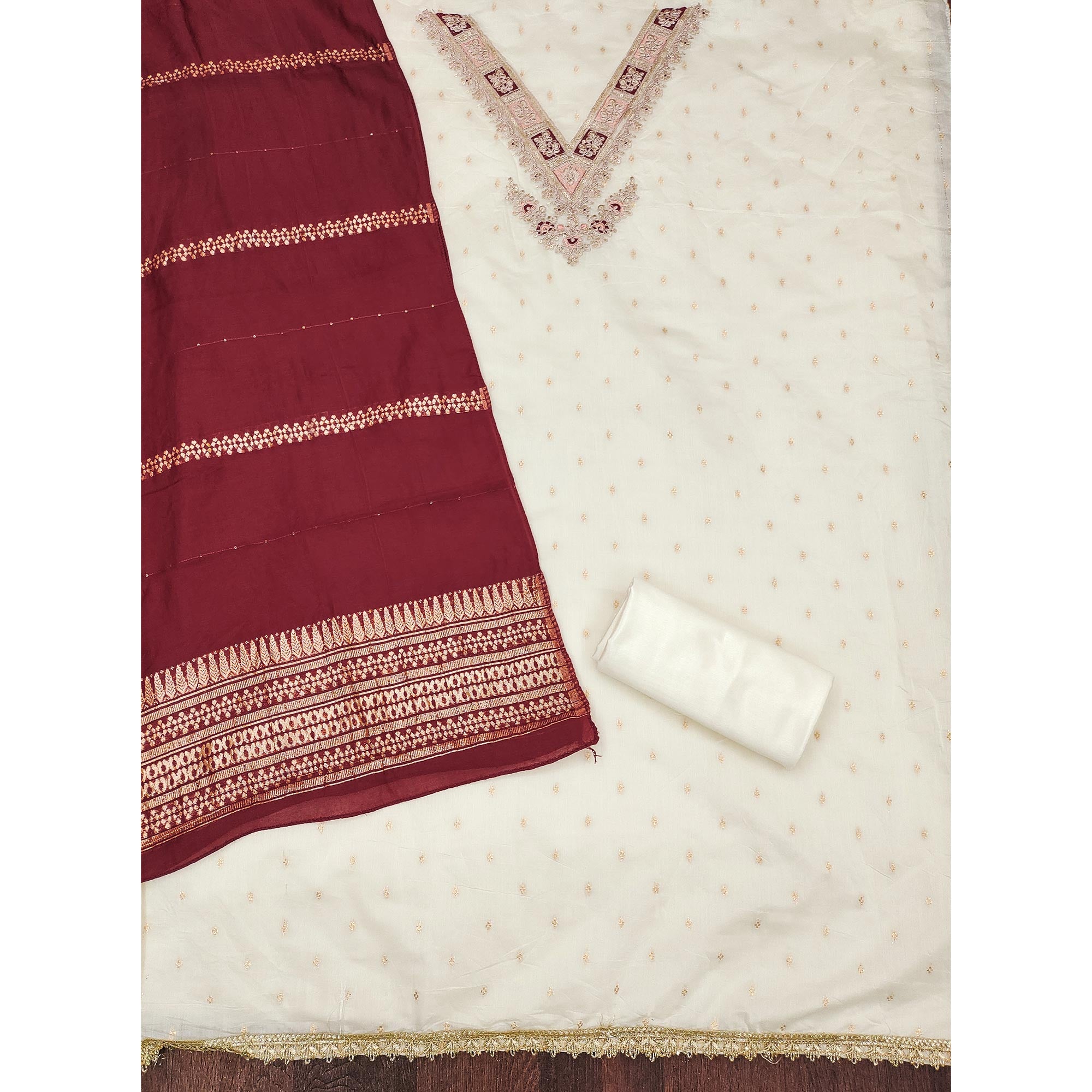 Off-White & Maroon Chanderi Silk Unstitched Dress Material with Zari Weaving and Embroidery