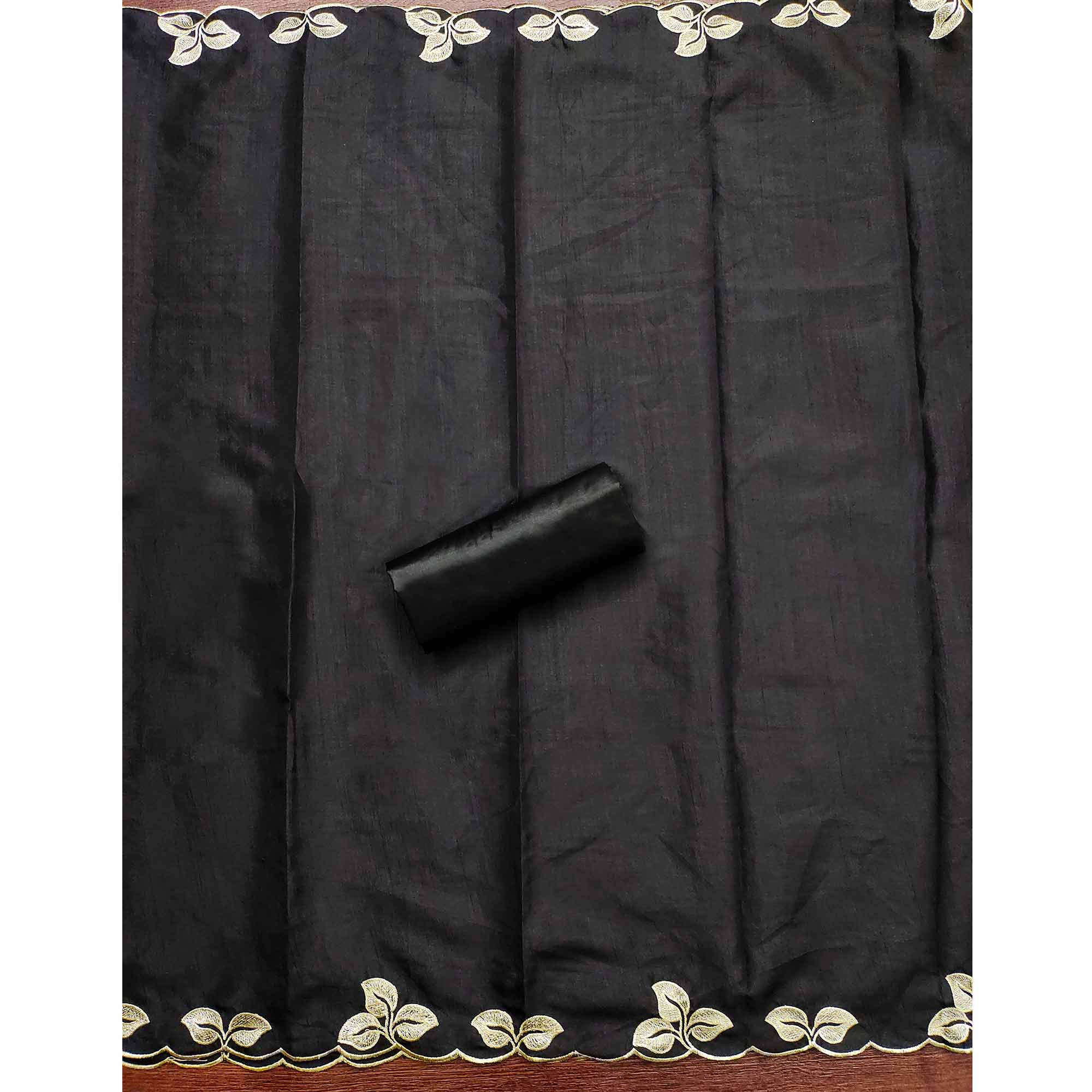 Classic Black Heavy Embroidered Cotton Blend Dress Material With Floral Thread Detailing