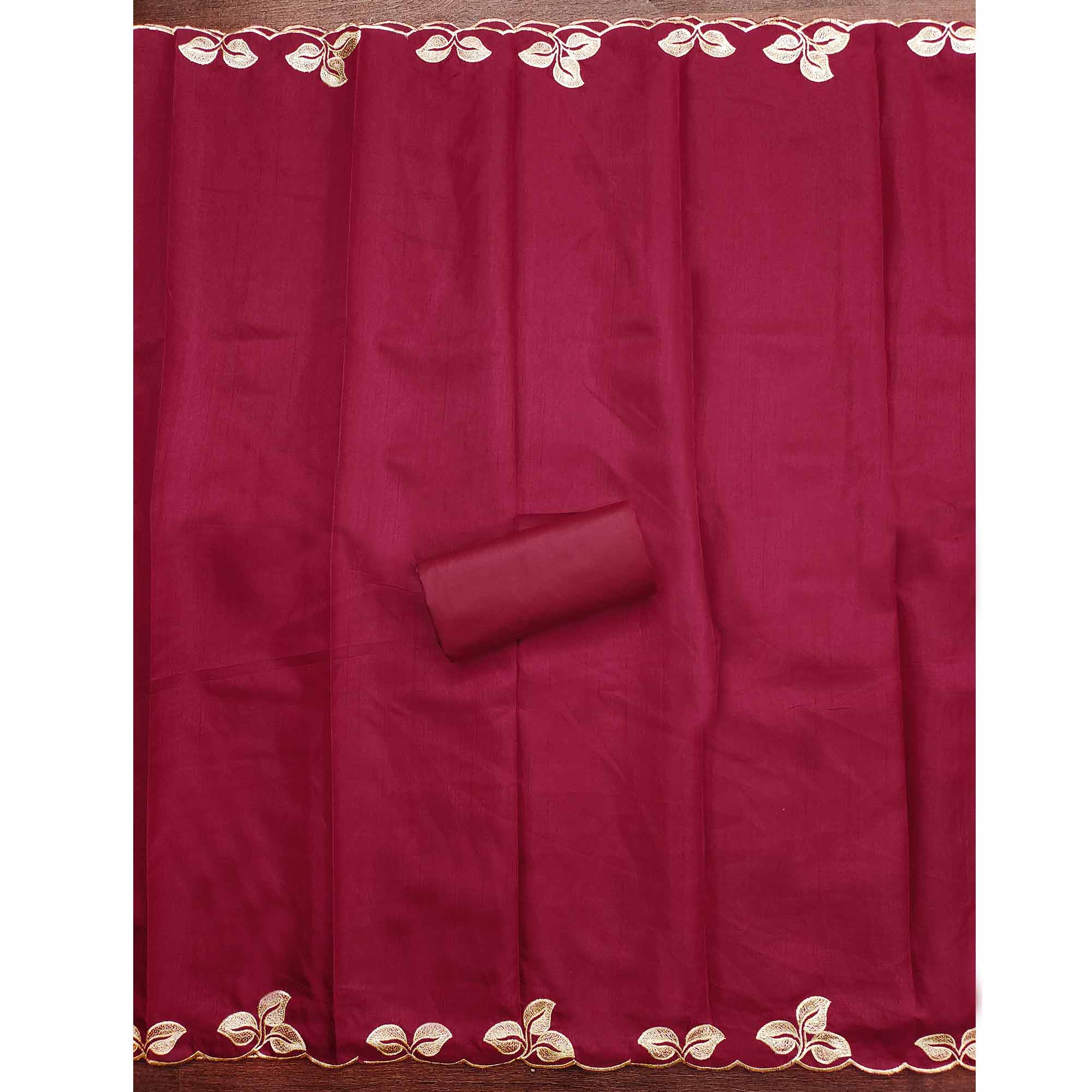 Classic Maroon Heavy Embroidered Cotton Blend Dress Material With Floral Thread Detailing