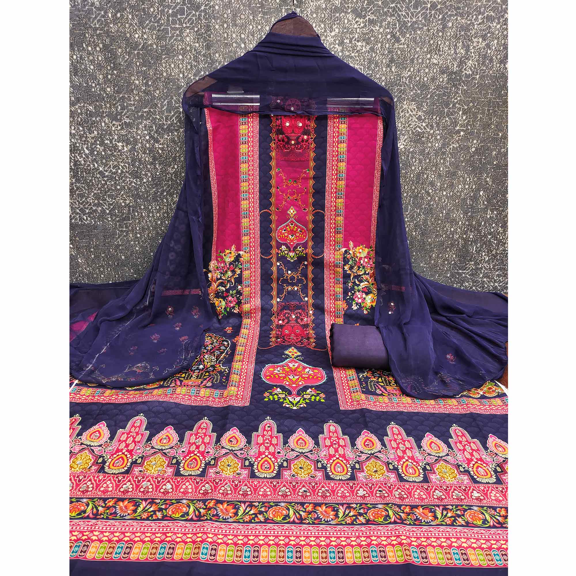 Stylish Blue Floral Digital Printed Rayon Dress Material Adorned With Mirror Embellishments