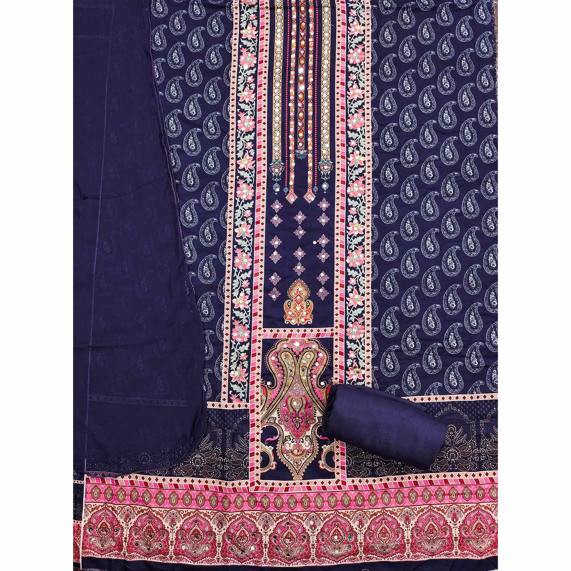 Blue Paisley & Floral Digital Printed Rayon Dress Material With Intricate Mirror Work