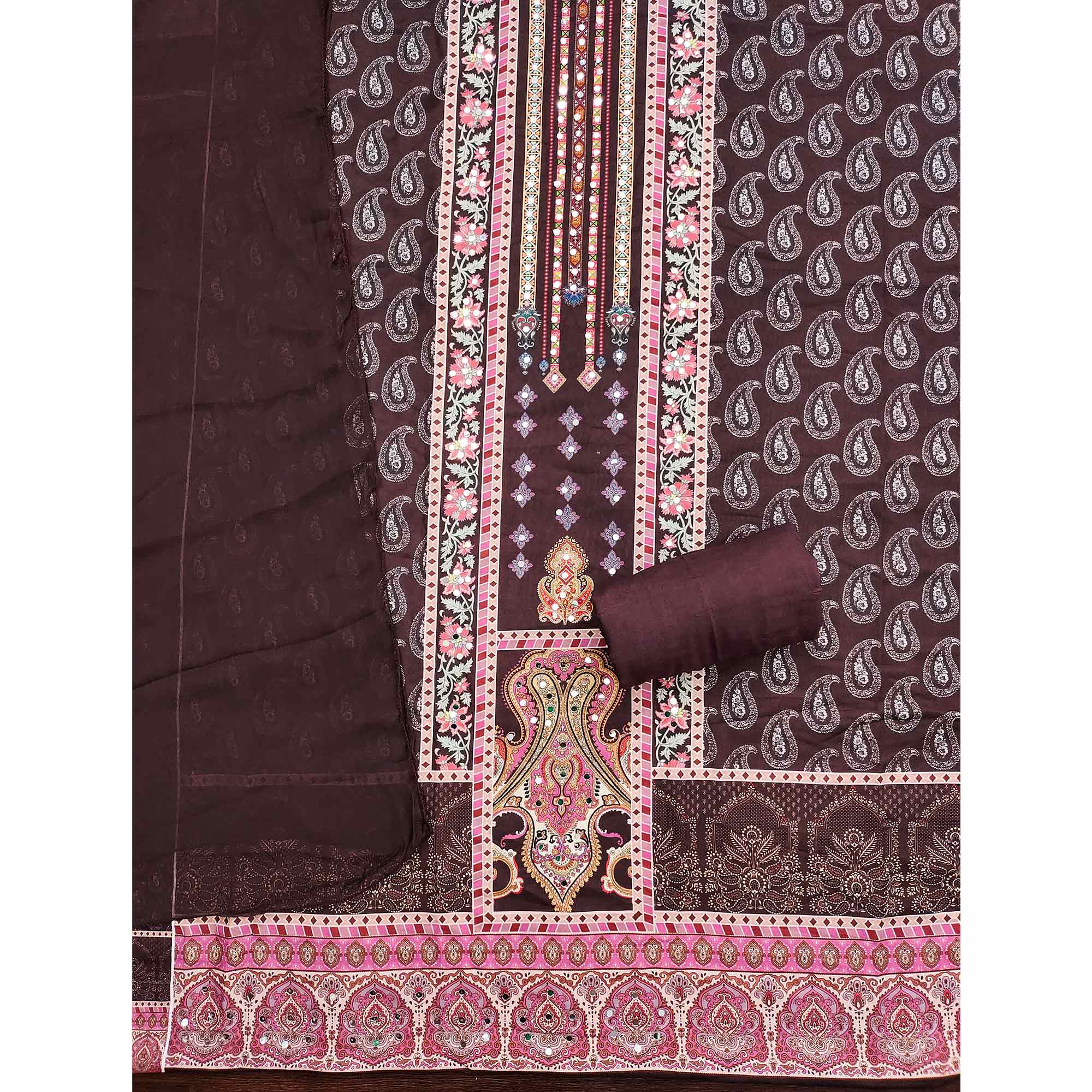 Dark Brown Paisley & Floral Digital Printed Rayon Dress Material With Intricate Mirror Work