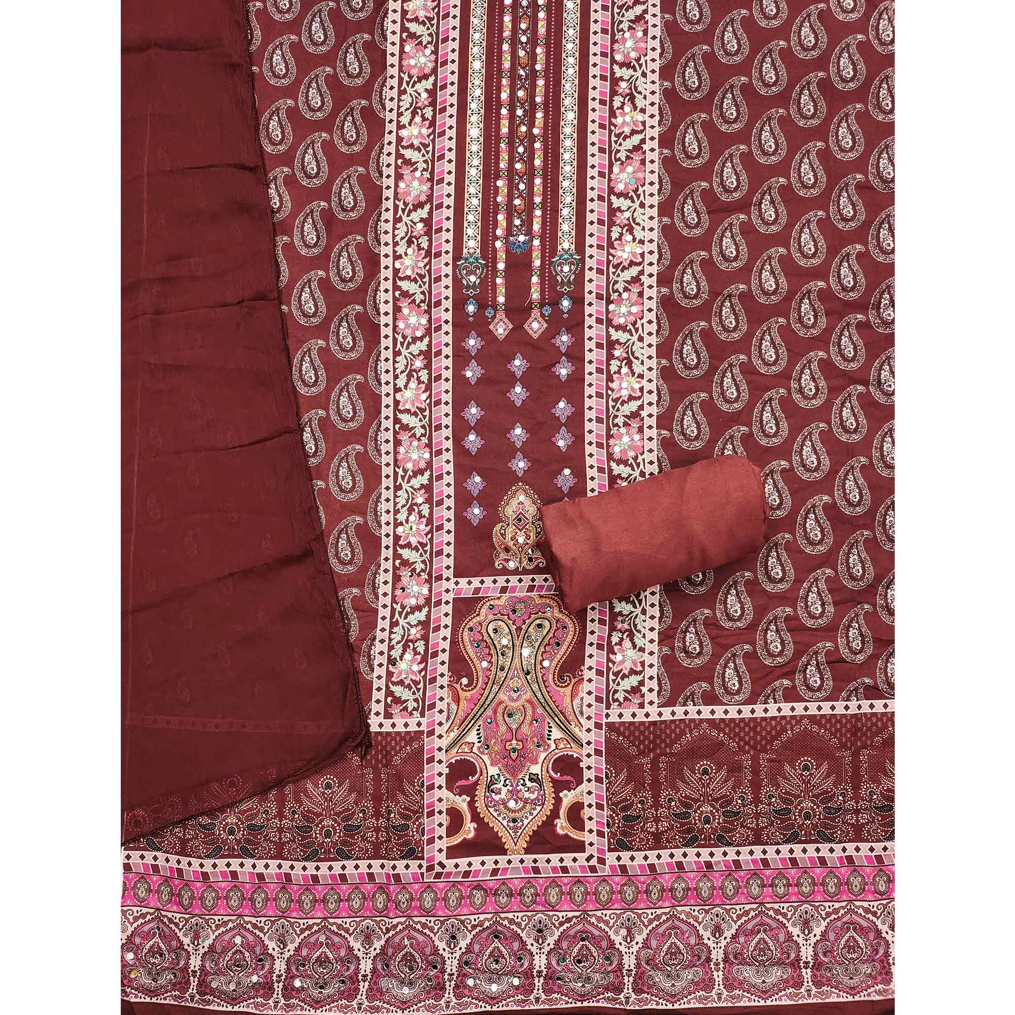 Rust Paisley & Floral Digital Printed Rayon Dress Material With Intricate Mirror Work