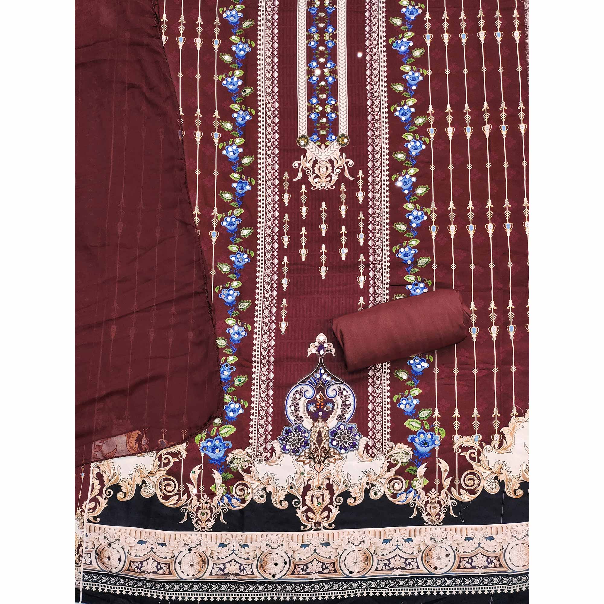 Dark Maroon Floral Digital Printed Rayon Dress Material Highlighted With Mirror Work