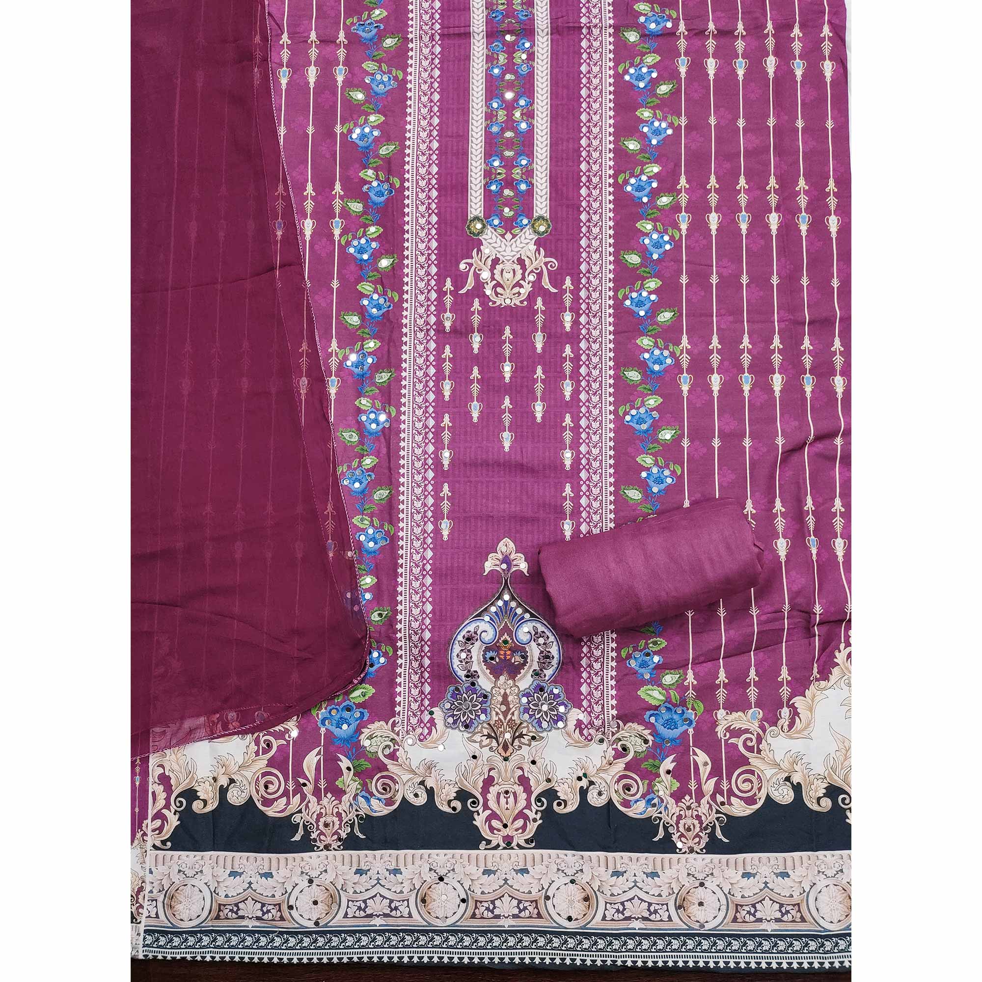 Pink Floral Digital Printed Rayon Dress Material Highlighted With Mirror Work