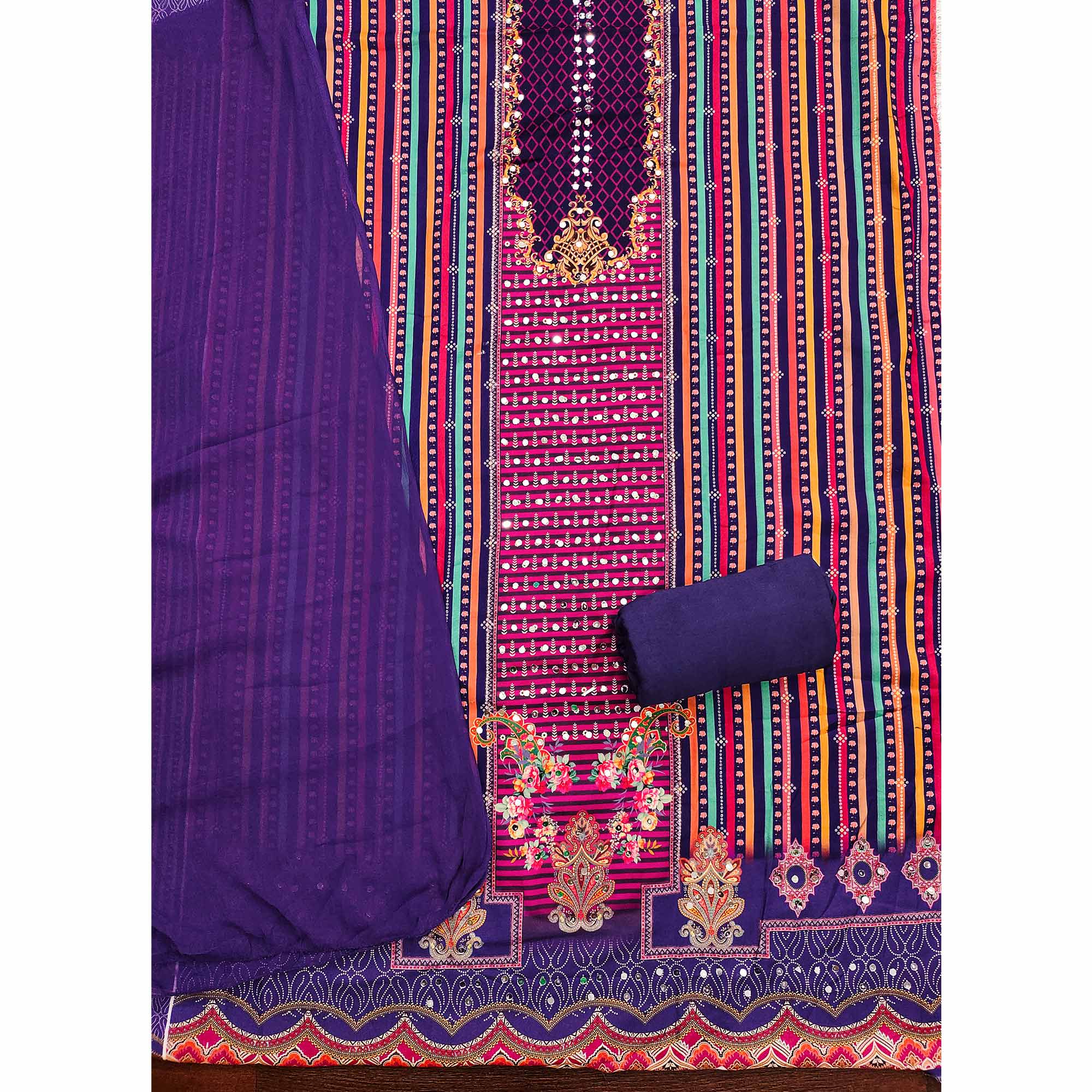 Royal Purple Rayon Dress Material With Floral Digital Print & Sparkling Mirror Accents